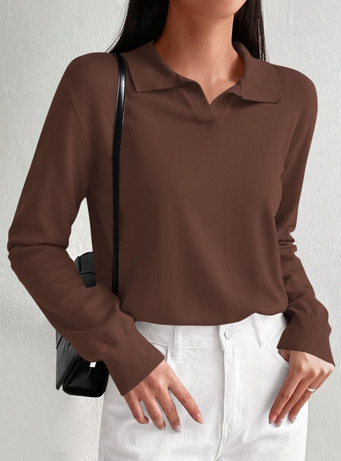 PRETTYGARDEN Womens Long Sleeve Collared Polo Sweater V Neck Knit Ribbed Business Casual Pullover Sweaters 2026 Fall Outfits