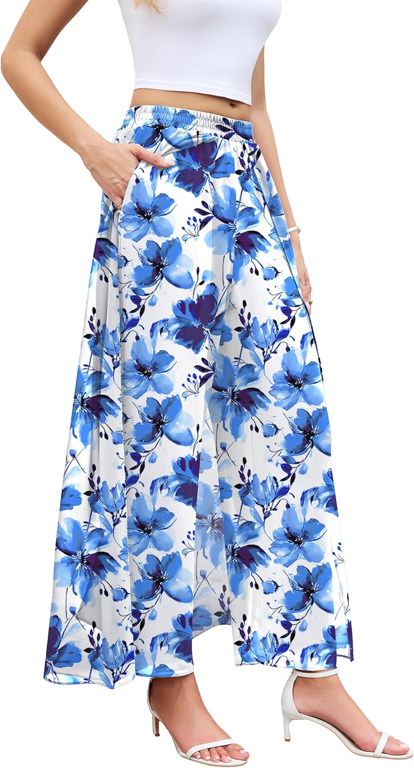 WANGZHI Women's Wide Leg Dress Pant Elegant Party Elastic Waist Trouser with Pockets