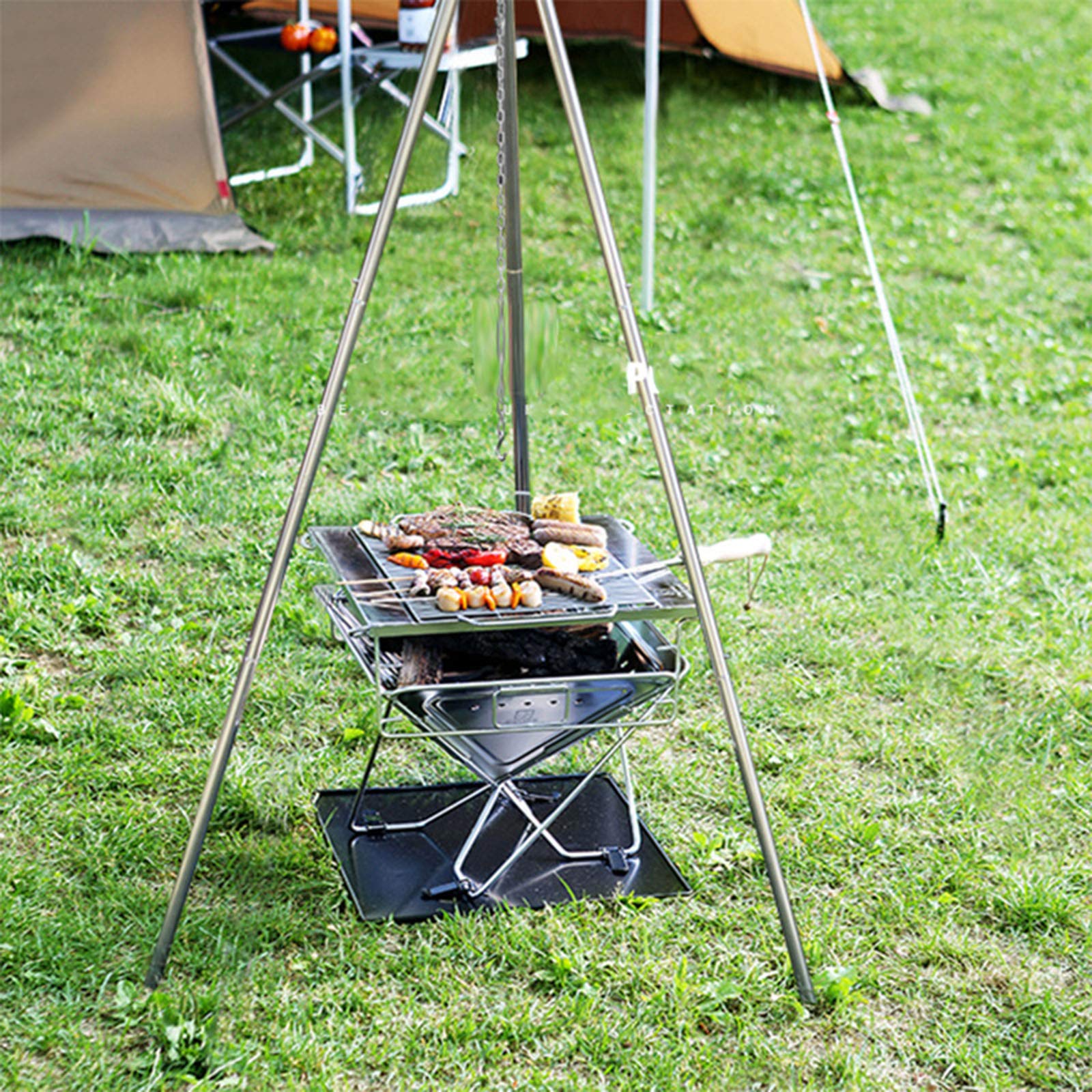 Statyw kempingowy z półką do grilla, grill na węgiel drzewny do użytku na zewnątrz, grill z regulowanym łańcuszkiem wiszącym, statyw do gotowania ze stali nierdzewnej z torbą do przechowywania