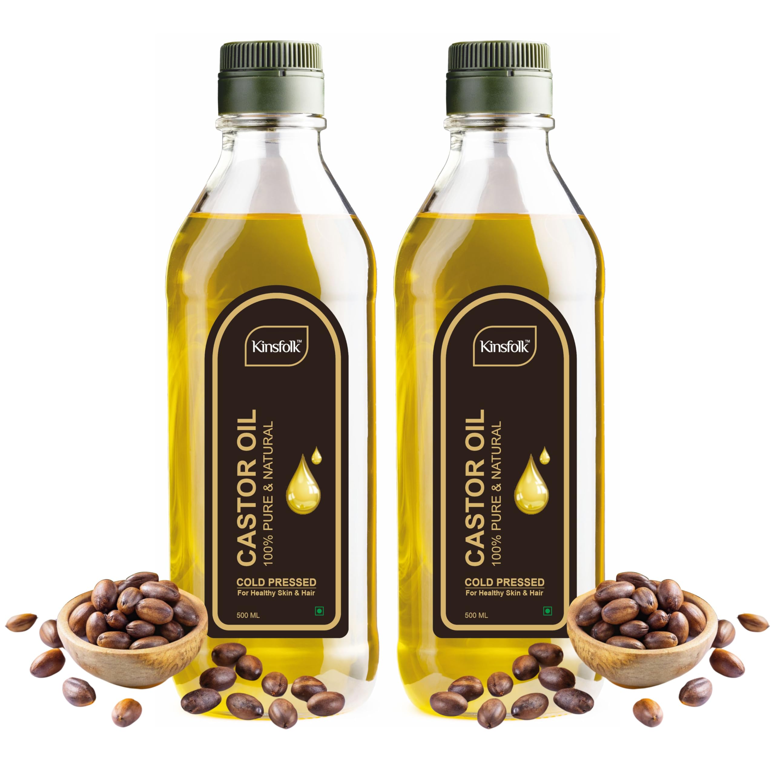 Kinsfolk Cold Pressed Castor Oil | Multipurpose Oil For Hair, Scalp & Skin Care | External Use | 500 ml Each | Pack Of 2 | Yellow | 500 ml (Pack Of 2)
