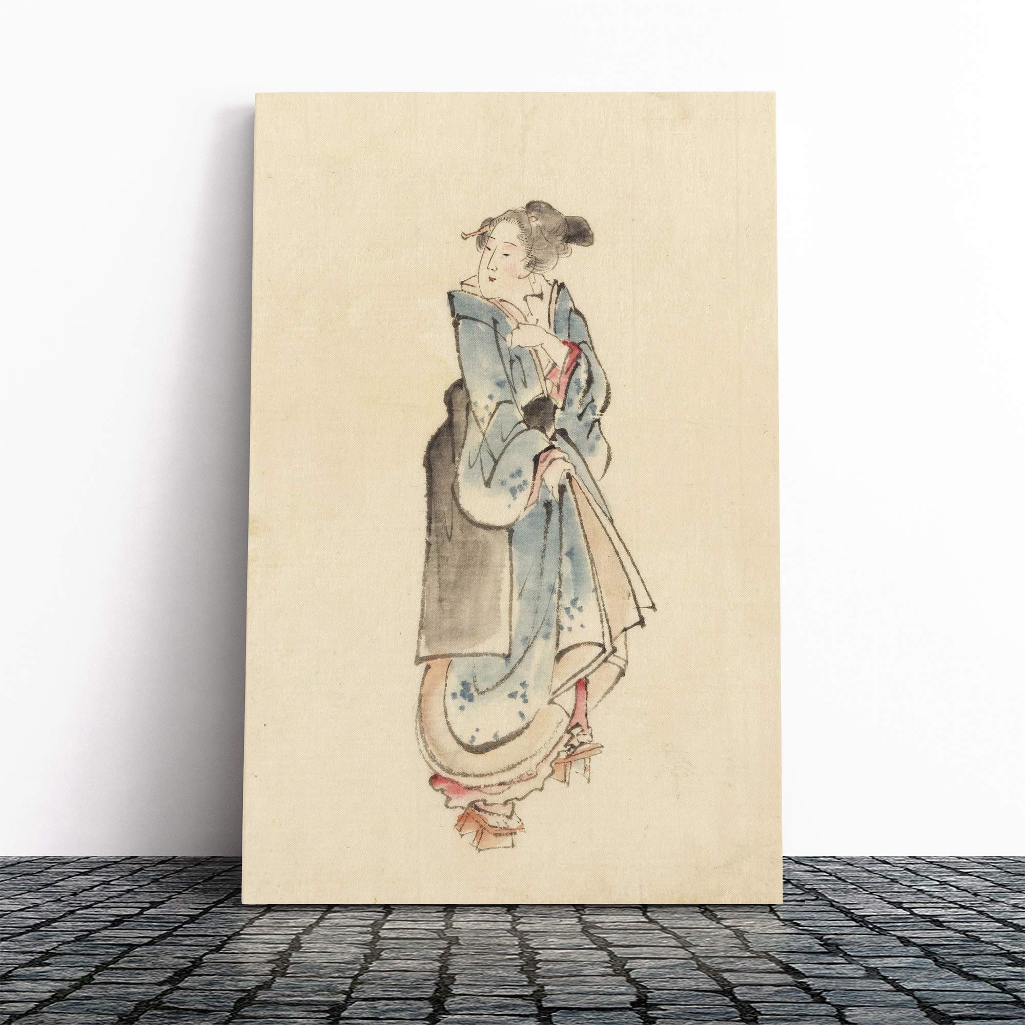 Wall Hokusai Woman Walking Japanese Oriental Art Canvas Print | Gallery Wrapped 30mm Frame Wall Art | 24x16 inches | Ready to Hang | Asian People Picture | Living Room Bedroom Lounge Office