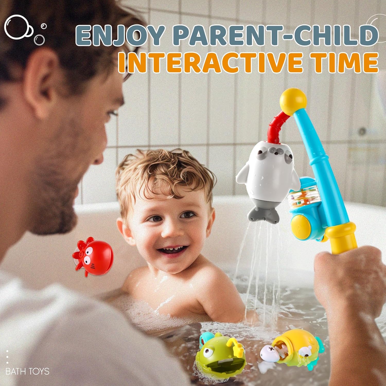 Cube Bin & Magnetic Fishing Bath Toy Set, Sensory Chunky Blocks, Light up Star, Easy Storage, 7 + 11 Pieces