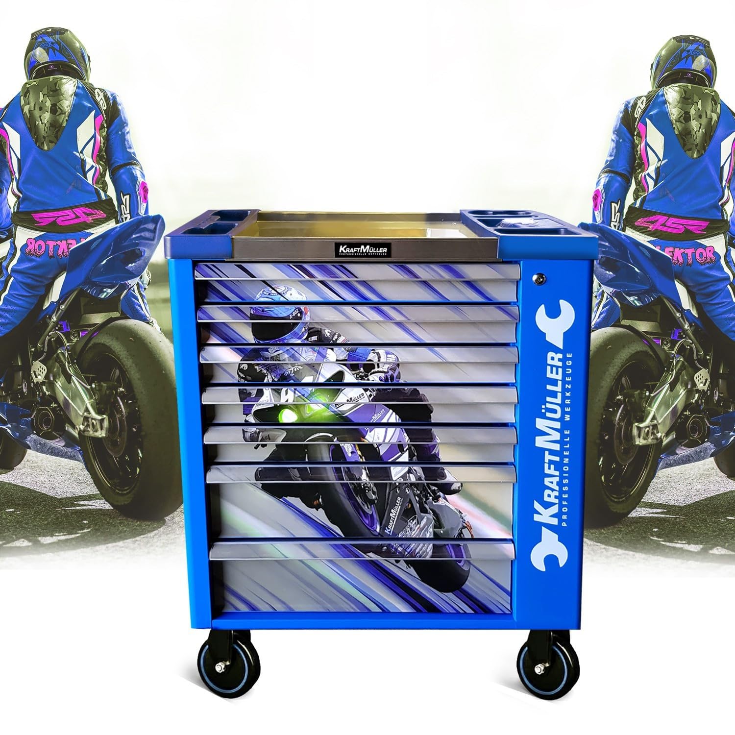 Servante d'atelier Kraft Muller KM-7/6 Racing-Blue Flex Moto GP, 249 Outils Inclus - 7 tiroirs, 6 tiroirs Pleins, 1 Placard