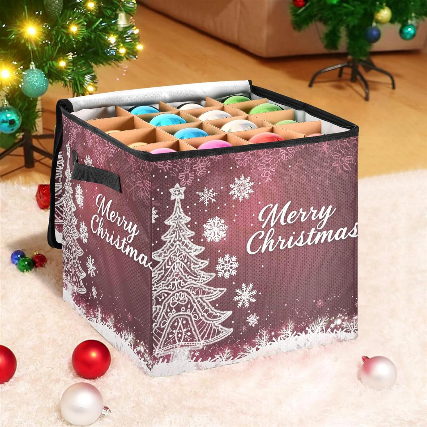 High Capacity Christmas ornament organizer storage Holds Up to 64, Zippered Top Holiday Storage Case with Lid,Burgundy Winter Christmas