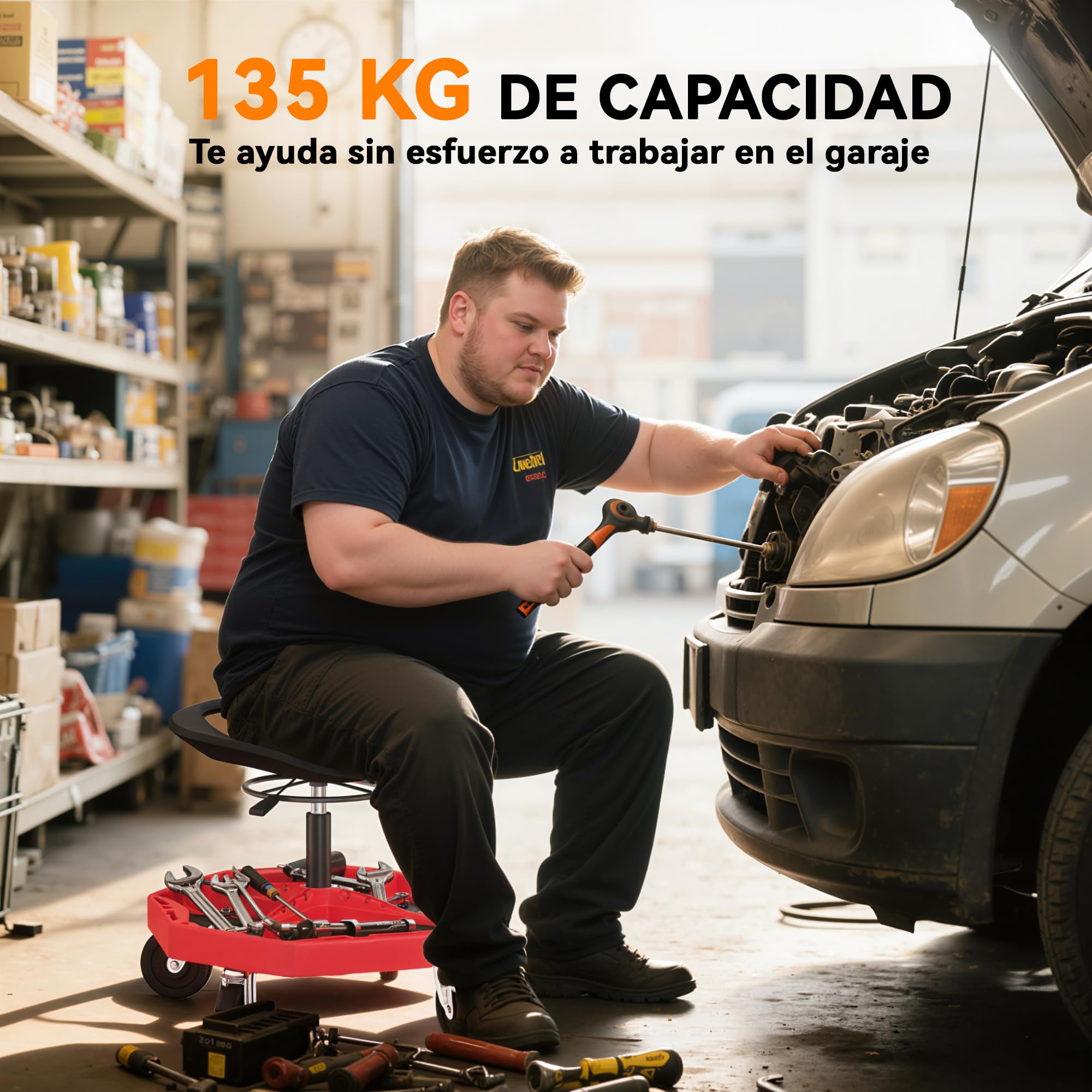 HOMCOM Sgabello da Officina Mobile con Vassoio Magnetico, Altezza Regolabile 52-59,5 cm, carico 135 kg, Sgabello da Meccanico con Ruote, per Garage, riparazioni automobilistiche, Rosso
