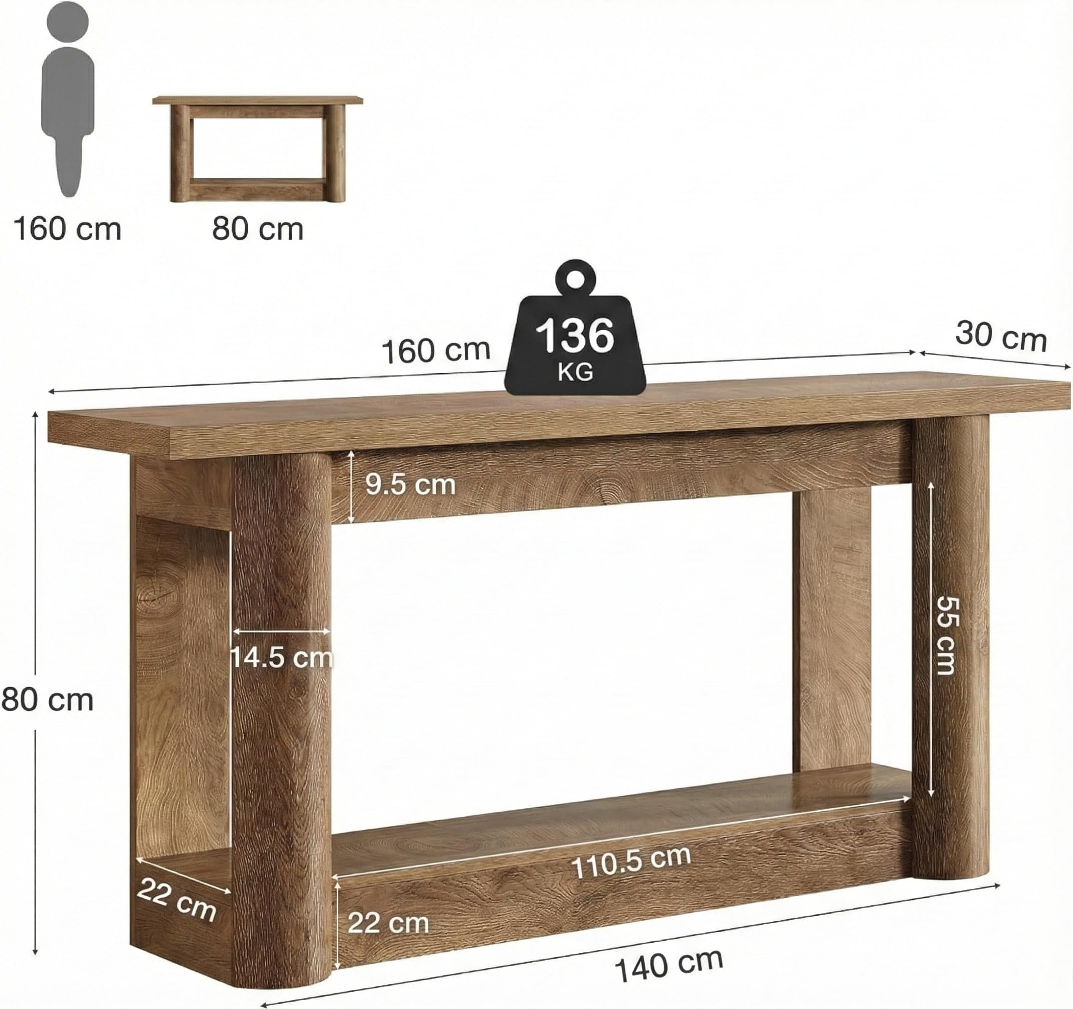 Lailang 160cm Konsola do przedpokoju w Stylu Farmhouse, Prostokątny Stół Konsolowy, Stolik sofa z 2 poziomami, Drewniana Konsola do korytarza, Wąski Stolik wejściowy, 160 x 40 x 76 cm, Brązowy