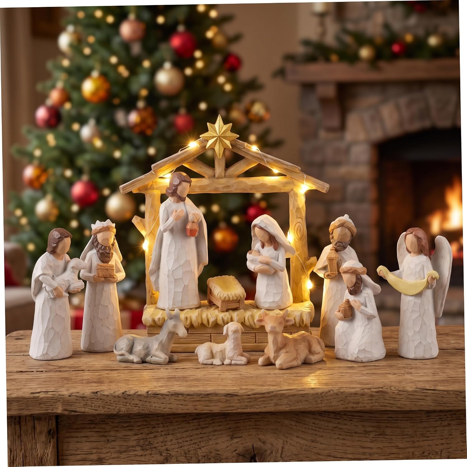 Nativity Scene, 12-Piece Wood-Style Christmas Decor, White