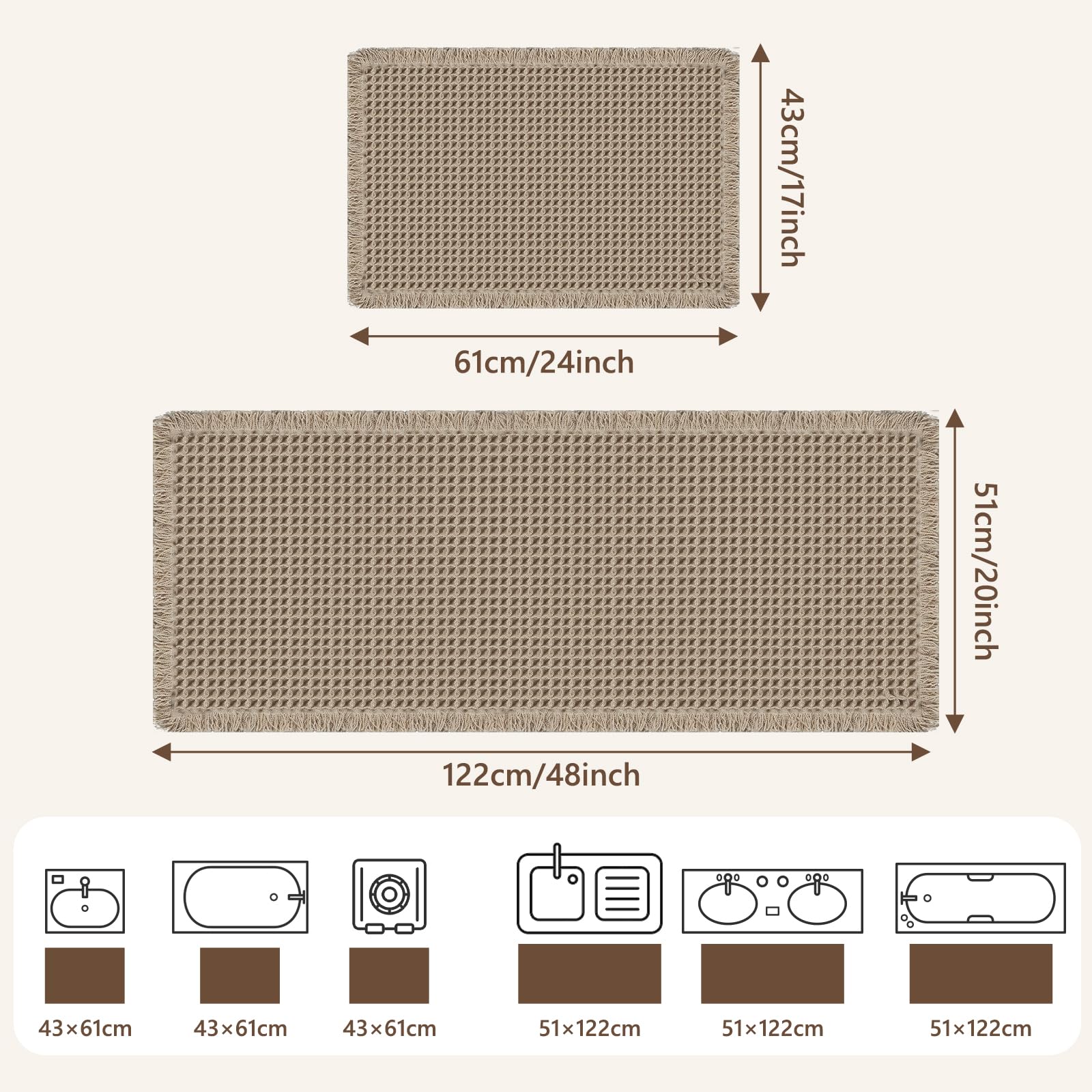 Capslpad Set di 2 tappetini da bagno a nido d'ape, antiscivolo, ultra assorbente, decorazione per il bagno, a pelo basso, morbidi, lavabili, 51 x 122 cm + 43 x 61 cm