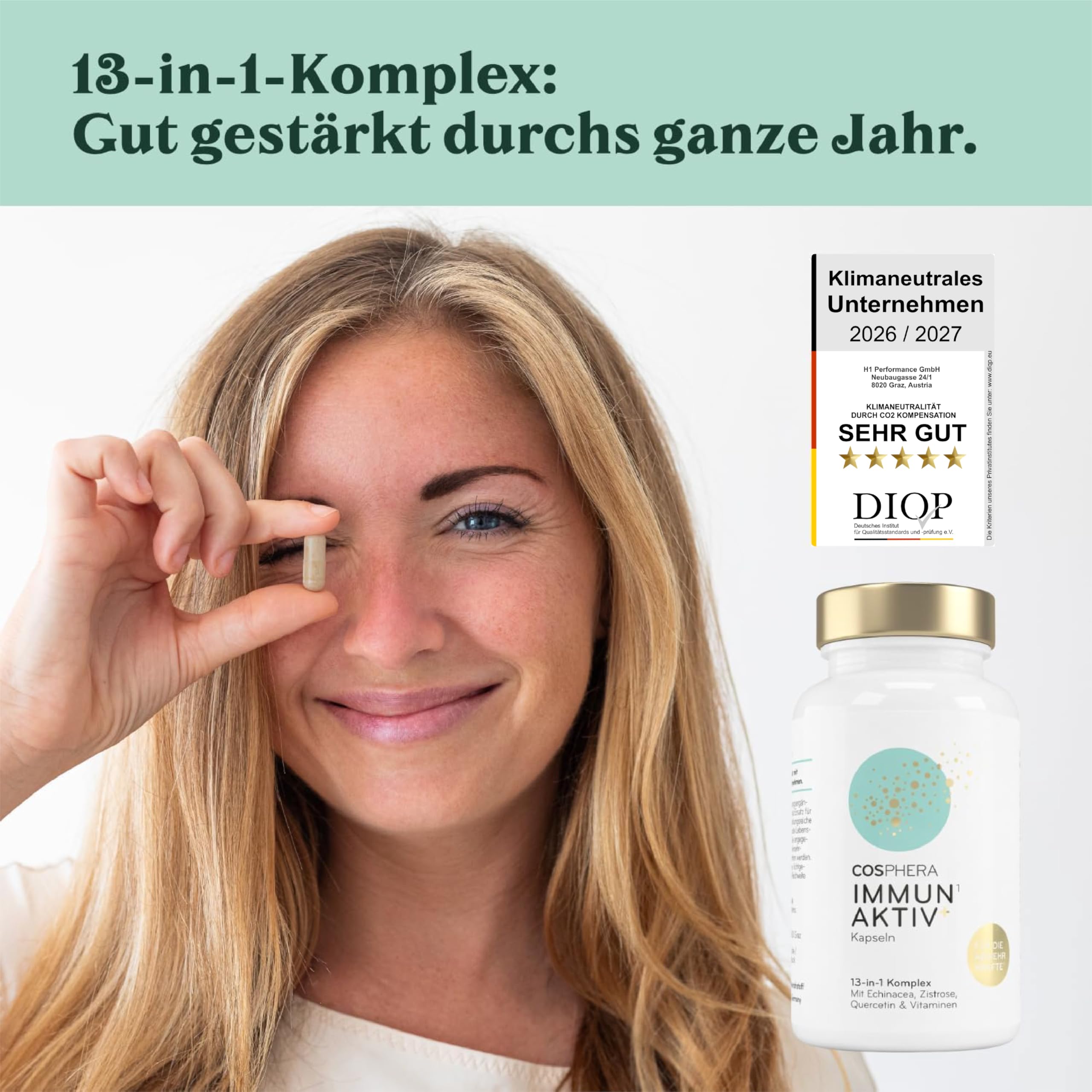 COSPHERA® 13-in-1 Immun Komplex - mit Echinacea, Vitamin C, Zink, Selen, Zistrose, Quercetin, D3, B6, B9, B12 - Vitamin Komplex zum Immunsystem Stärken Erwachsene - Vegan & Hochdosiert