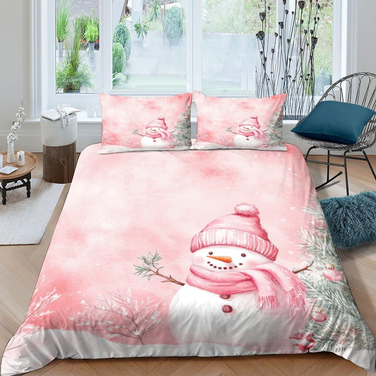 Ctjqhvkz Style-4 3D Printed Pink Snowman Fitted Sheet Microfiber Soft Breathable Winter Scene Bed Cover For Bedroom Dorm Mattress Protection Decor Single（135X200cm）