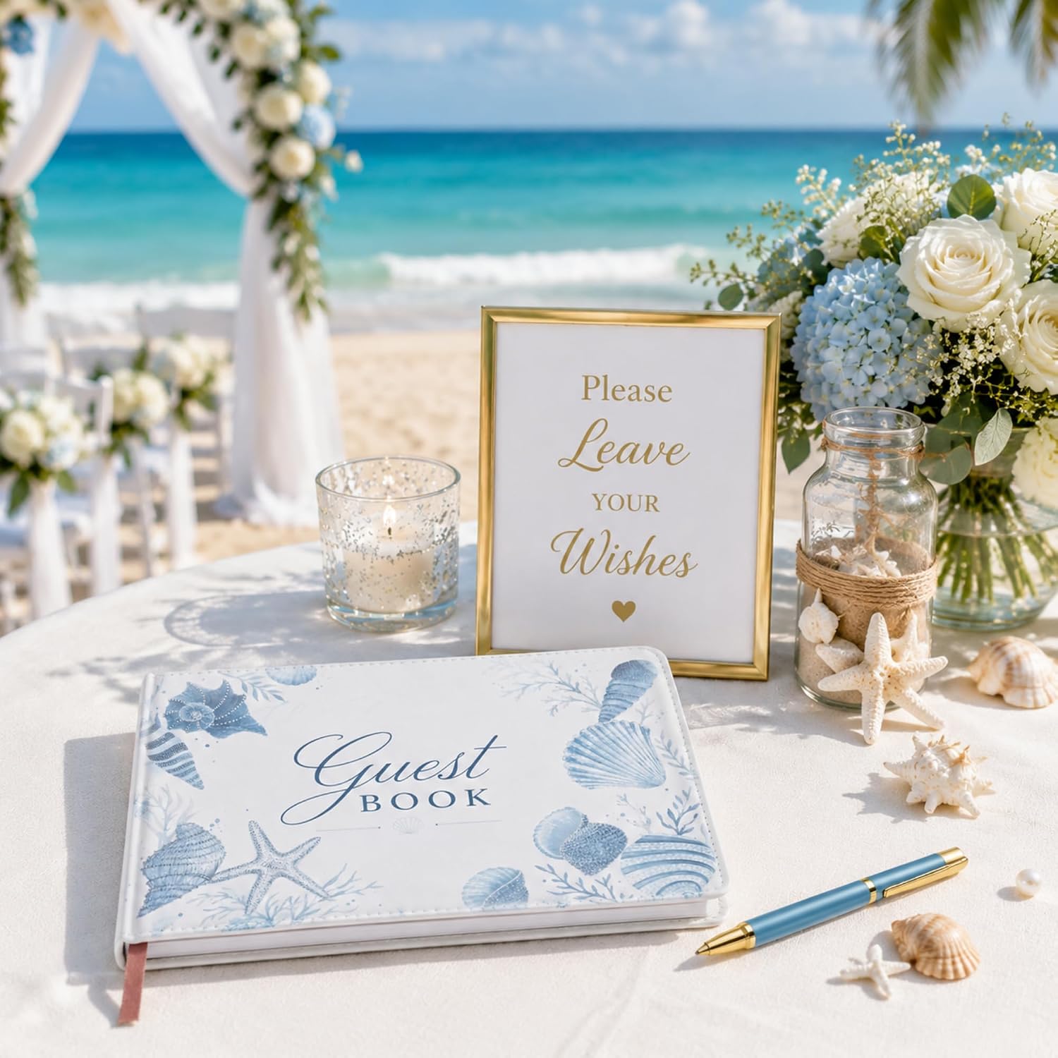 Affrolling Ocean Wedding Guest Book with Pen, A5 Decorative Sign in