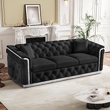 84.6" Luxury Chesterfield Sofa Velvet Tufted Sofa Black and Silver Couch for Living Room, Mid Century Victorian Couch Modern 3 Seater Sofas with 2 Pillows & Classic Silver Decor, Jet Black
