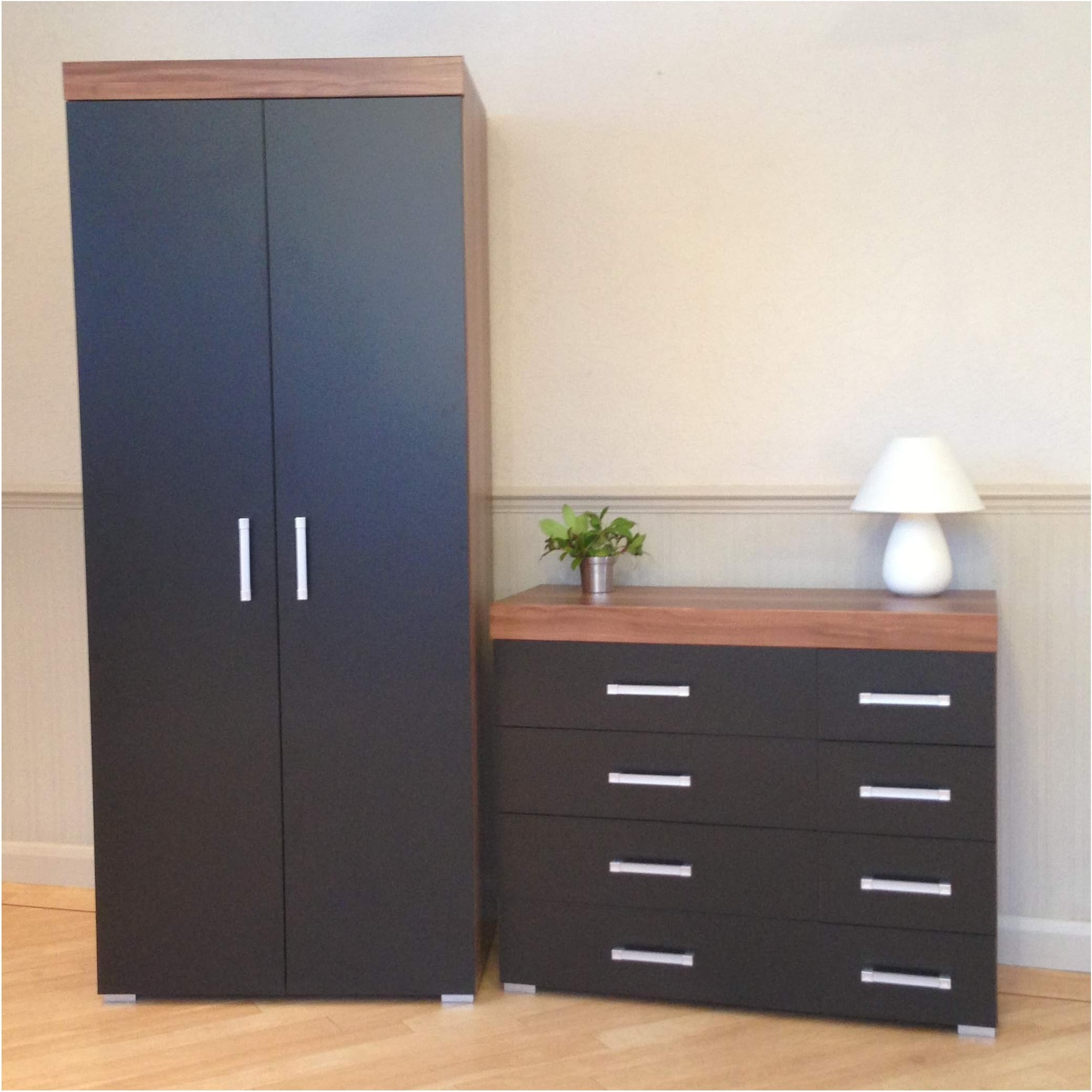 2 Door Wardrobe & 4+4 Drawer Chest in Black & Walnut Bedroom Furniture Set 8 Draw