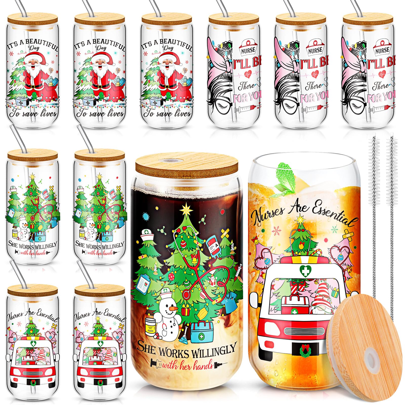 Uiifan 12 Pcs Christmas Gifts for Nurse, Nurse Christmas Glass Cups 16 oz Ice Coffee Glasses with Lids Straws Brushes Nurses Appreciation Gifts, Nursing Student, Nurse Practitioner, Registered Nurse