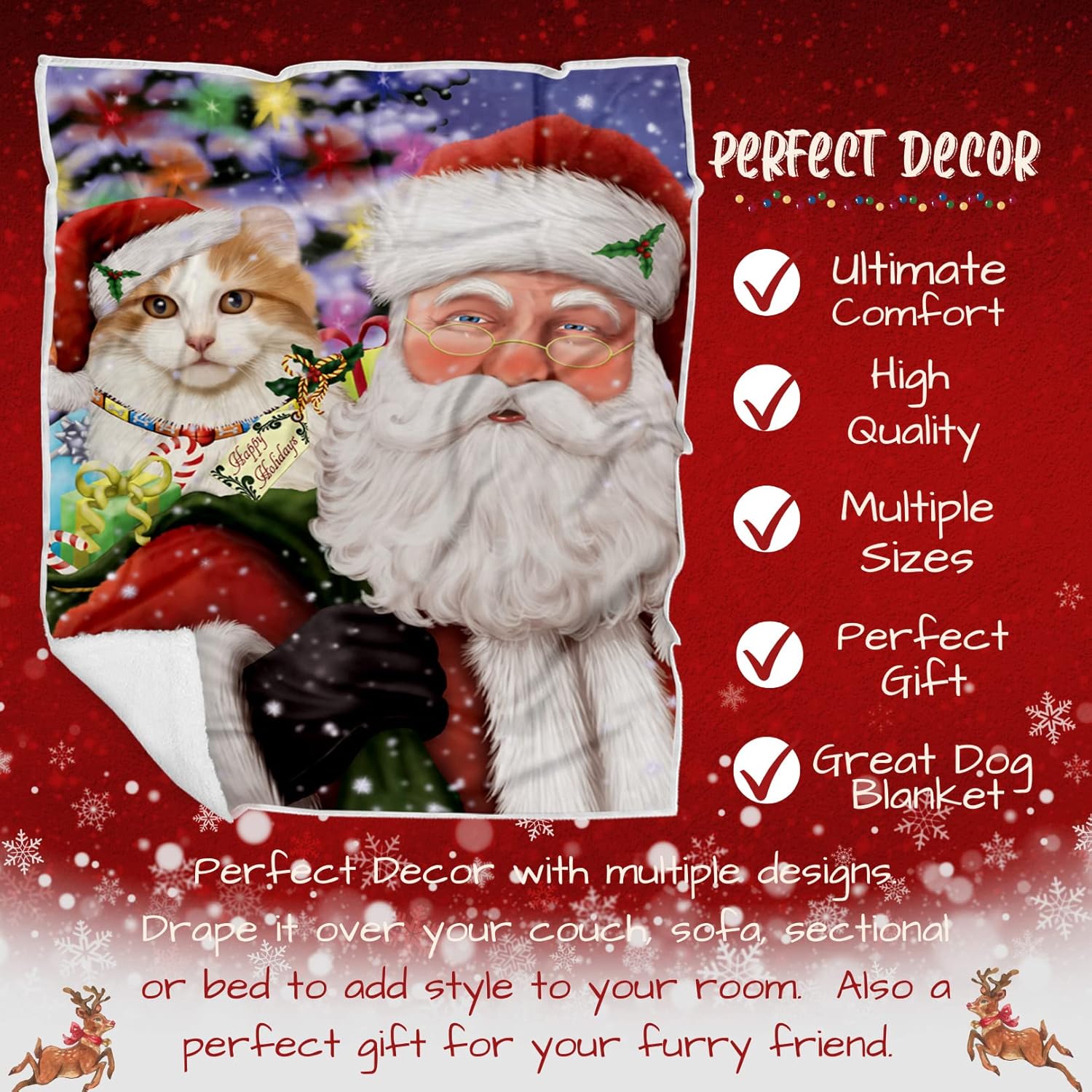 Doggie of the Day American Curl Cat Blanket - Christmas Santa Carrying Presents - Super Soft & Warm Pet Theme for Sofa or Bed, Warm Fleece, Sherpa or Woven Material, BLNKT160009 (50x60 Sherpa)