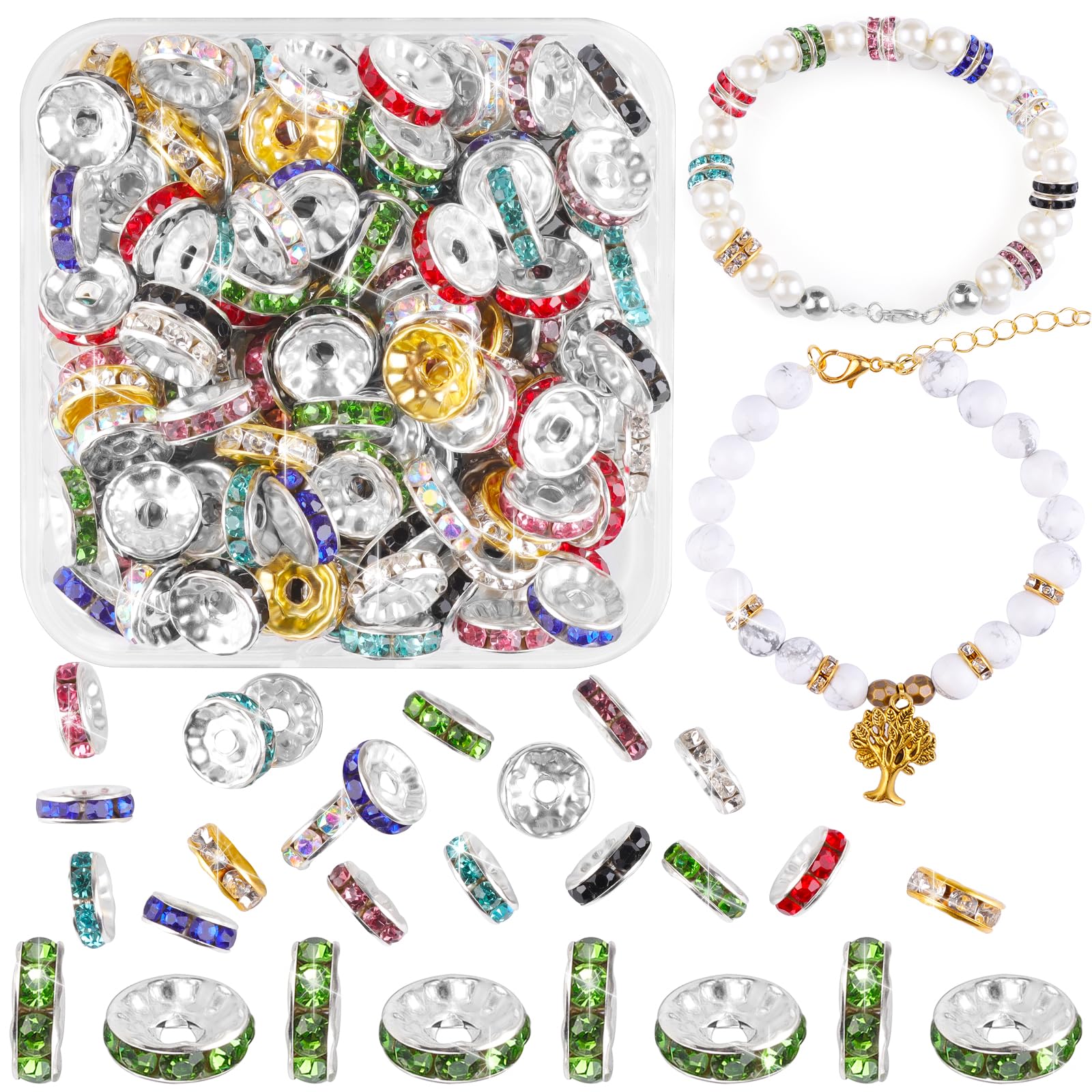 600 Perline Distanziali Con Strass – 10 Colori – 8 Mm – Per Creazione Gioielli Fai Da Te – Rondelle In Cristallo E Metallo