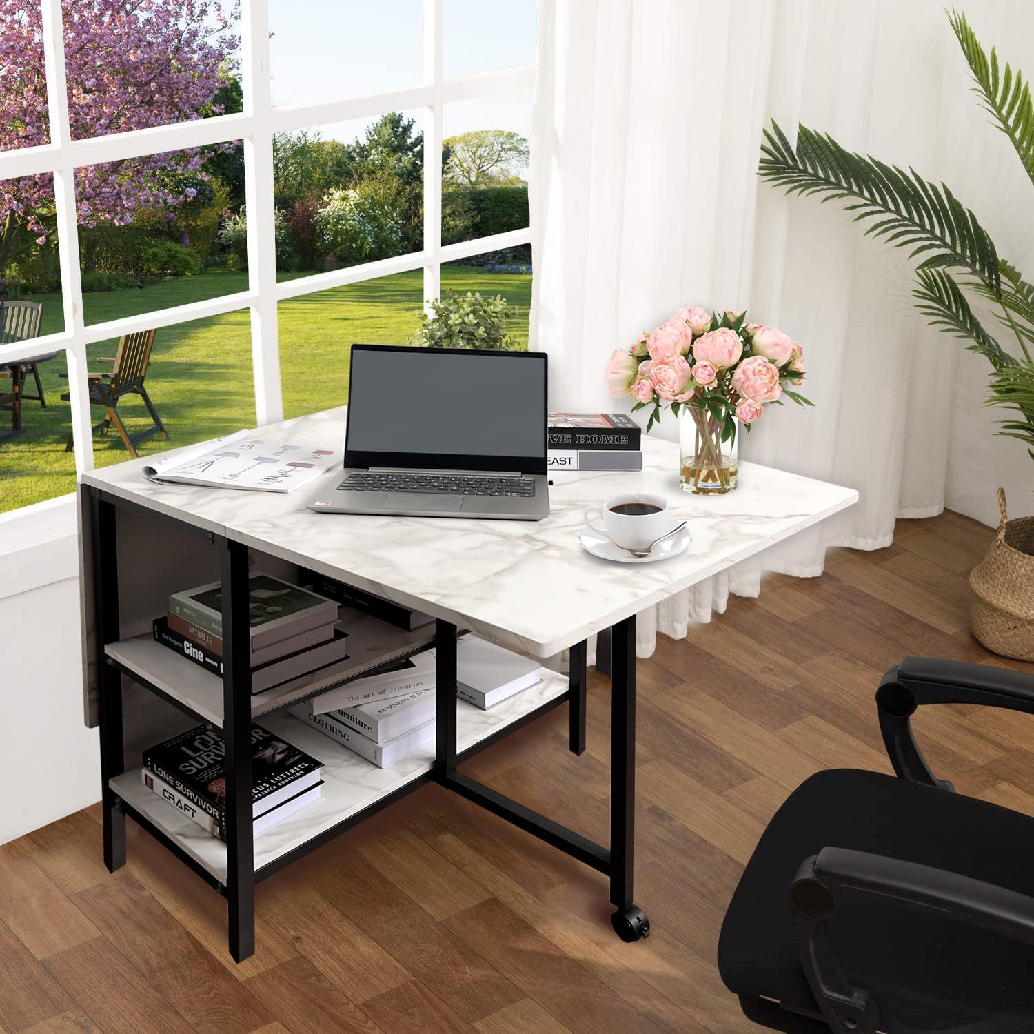 AT-VALY Folding Dining Table with 2 Storage Open Shelf,Drop Leaf Extension Dining Table,Top Folding 15.7" to 55.1" Kitchen Table (Black)