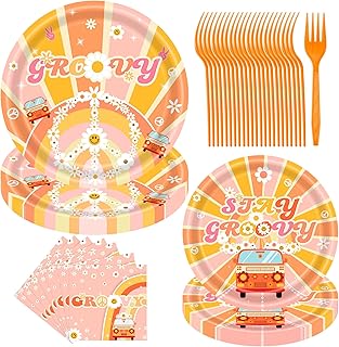Groovy Party Decorations, 96pcs Two Groovy One Groovy Birthday Plates Napkins Supplies Retro Daisy Flowers Boho Decorations 60s 70s Smiley Hippie Style Party Supplies for Wedding Baby Shower Serve 24