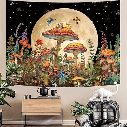 Miniatura 3 de Ameyahud Tapiz de hongos, luna y estrella, tapiz de cielo estrellado, tapiz estético vintage, tapiz de plantas de naturaleza, tapiz floral de