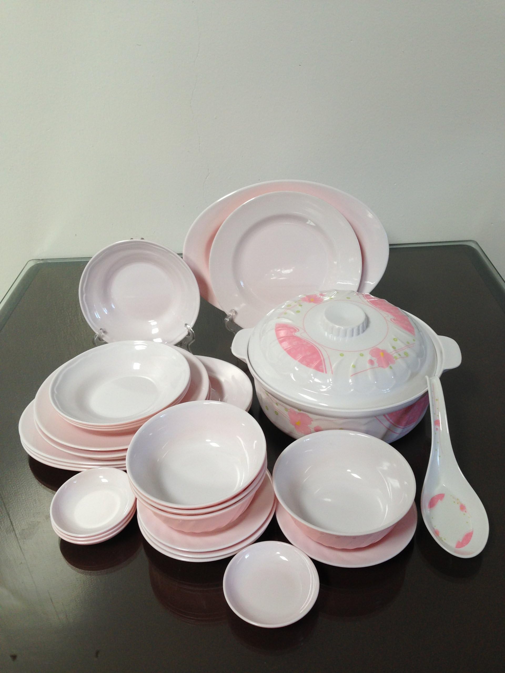 27-Piece Melamine Dinnerware Set 2 Tone Pink White Bowls Plates
