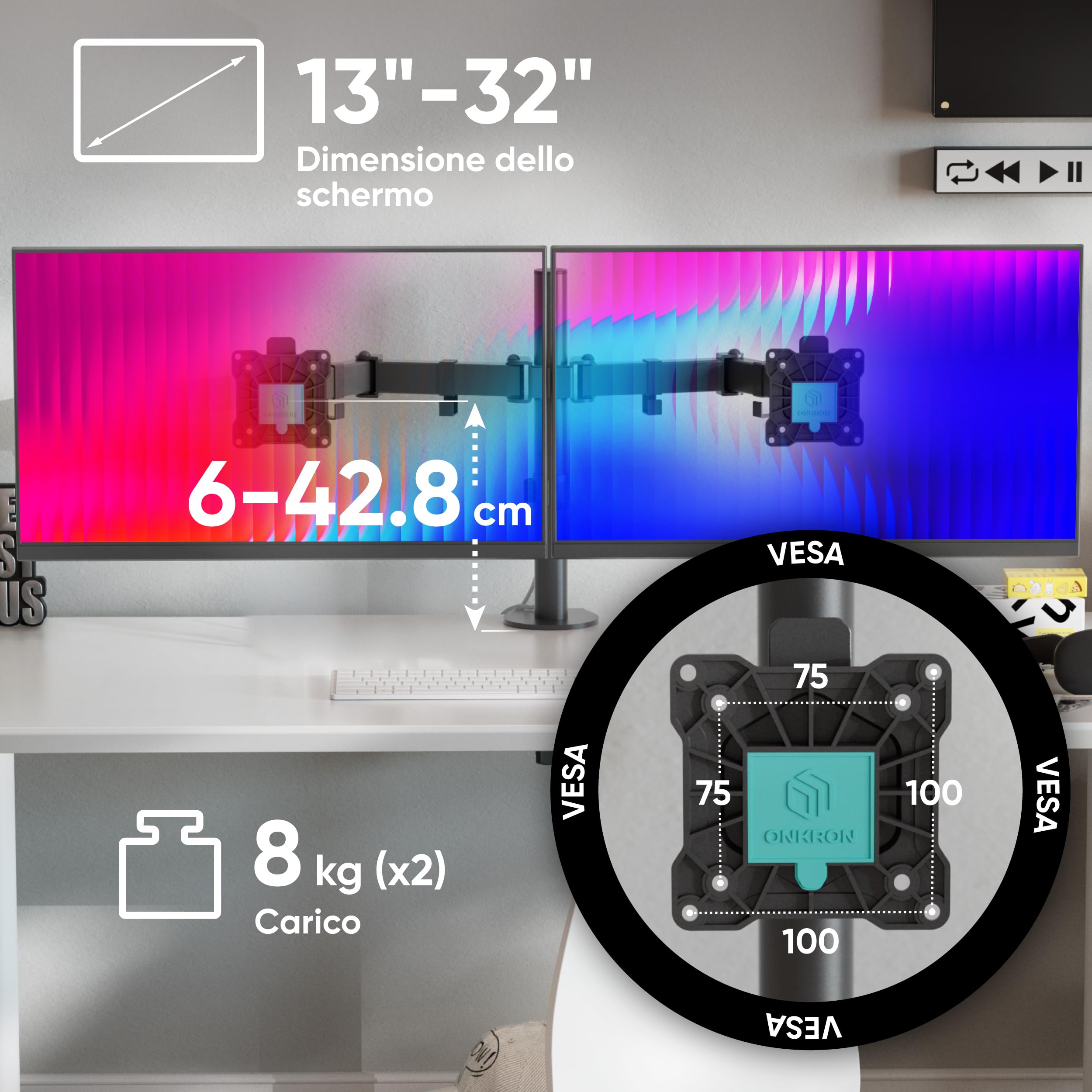 ONKRON Braccio Monitor Doppio 13"-32", Carico Totale 16 kg, Supporto Monitor con VESA 75x75-100x100 mm, Supporto Schermo PC Scrivania Girevole e Inclinabile, Porta Schermo Universale, Nero D221E-B