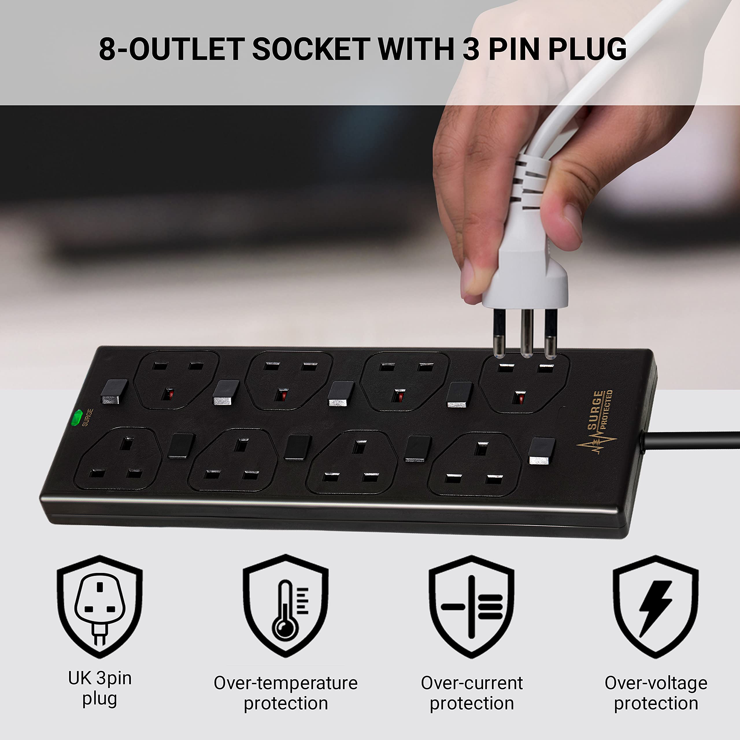 8 Gang Surge Protected Extension Lead With Switch 1m Power Strip 8