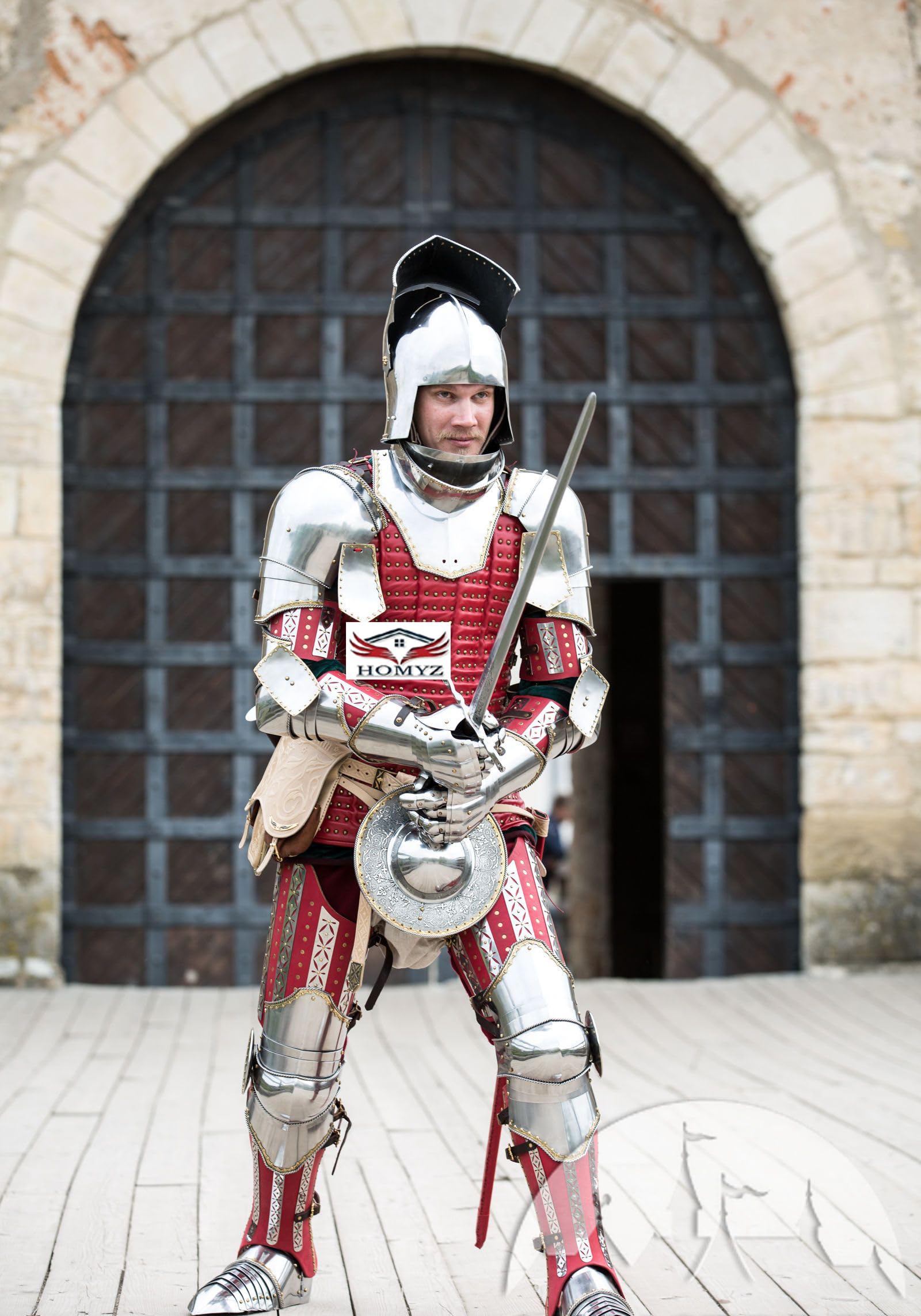 HOMYZ Medieval German Suit Of Armor Steel Wearable Silver Finish Battle Warrior Suit Of Armor Knight Steel Armor Suit Costume