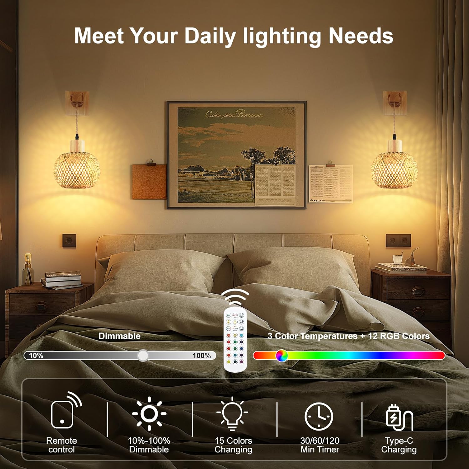 Frideko Boho Battery Operated Wall Sconces Set of Two with Remote, RGB 15 Colors Rechargeable Wall Light, Rattan Dimmable Wireless Wall Lamp with 3 Timer, Bamboo Indoor Wall Lighting for Bedroom Orange(Rechargeable)