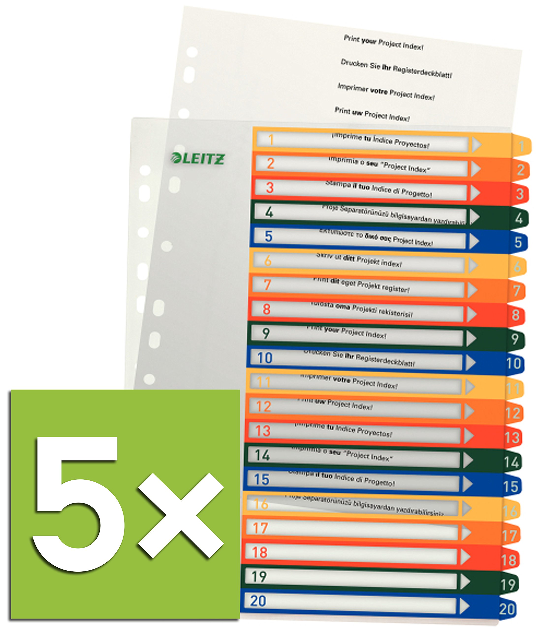 Leitz PC-beschriftbares Register, A4, PP, extrabreit, mehrfarbig (Zahlen 1-20 / 5er Pack)