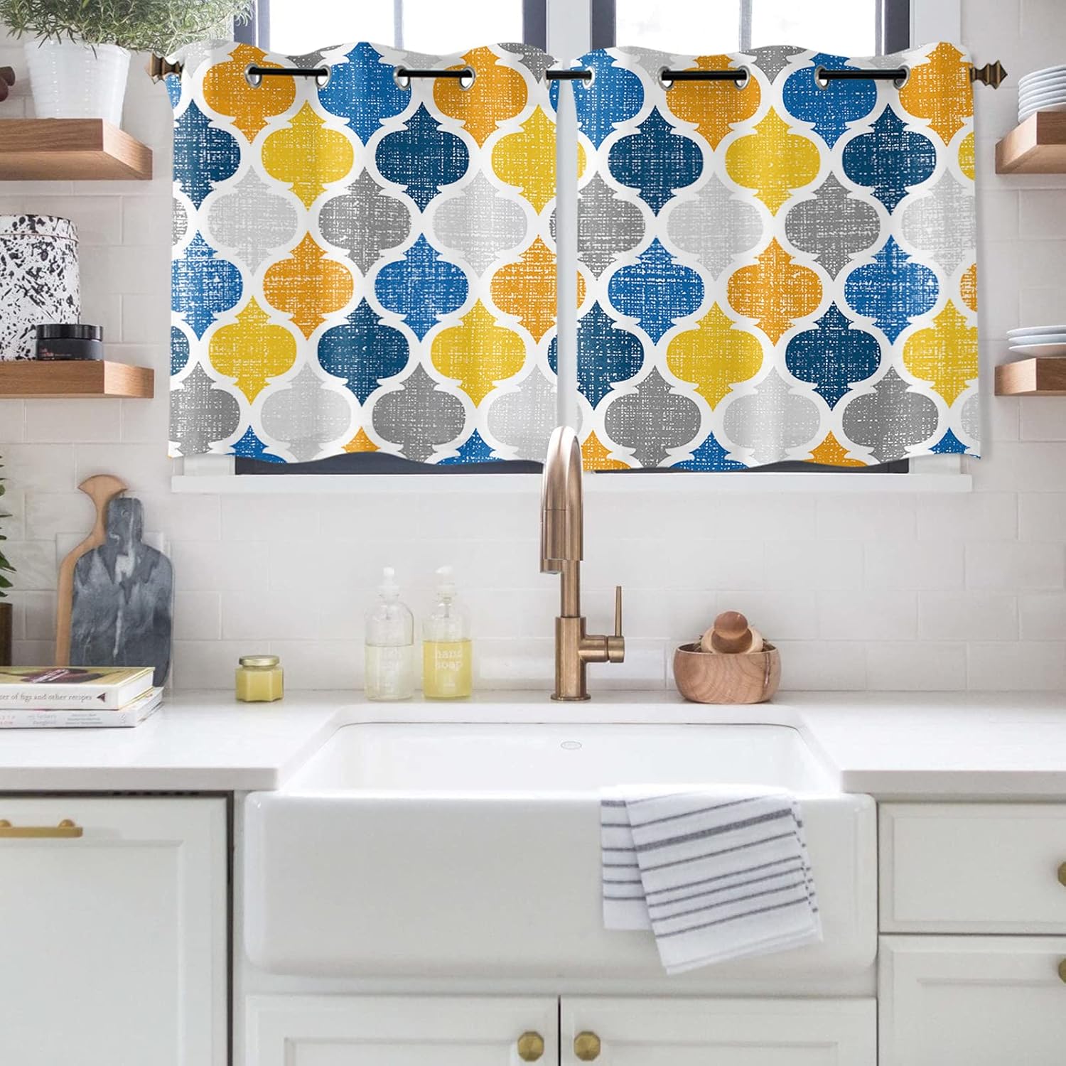 Curtains Panels for Bedroom Blue Yellow Geometric Morocco Pattern Window Curtains Light Filtering Grommet Top Drapes for Bathroom Living Room-Set of 2 Panels, 84" W by 45" L