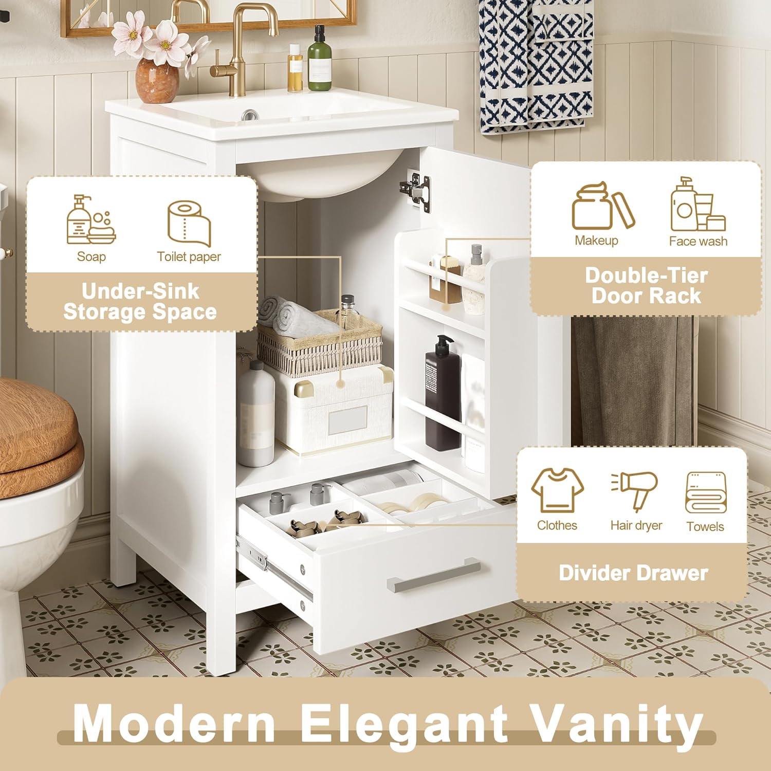 18" Small Bathroom Vanity with Sink, Soft-Close Drawers, Wood Modern Single Bathroom Sink Cabinet with Doors and Shelves, Adjustable Foot Pads, for Narrow Spaces, Freestanding (White)