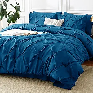 CozyLux King Size Comforter Set Teal, 7 Pieces Pintuck Bed in A Bag Teal Comforter King Size, Pinch Pleat Bedding Set with All Season Comforter, Sheets, Pillowcases & Shams