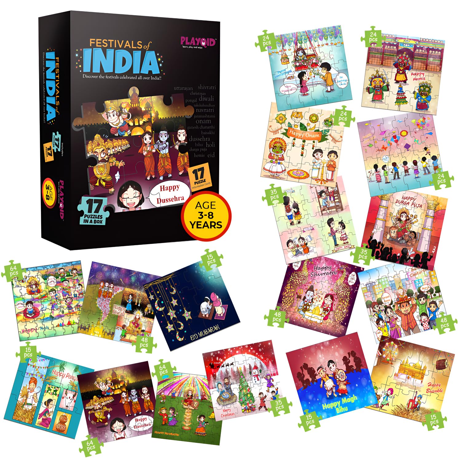Playqid Puzzles for Toddlers and Children Festivals of India Step-by-Step Jigsaw, 17 Growing Puzzles with Flashcards, Educational Montessori Gifts for Kids Ages 3-5+ on Holi, Diwali Christmas (B082NJWW4T) Amazon Price History, Amazon Price Tracker