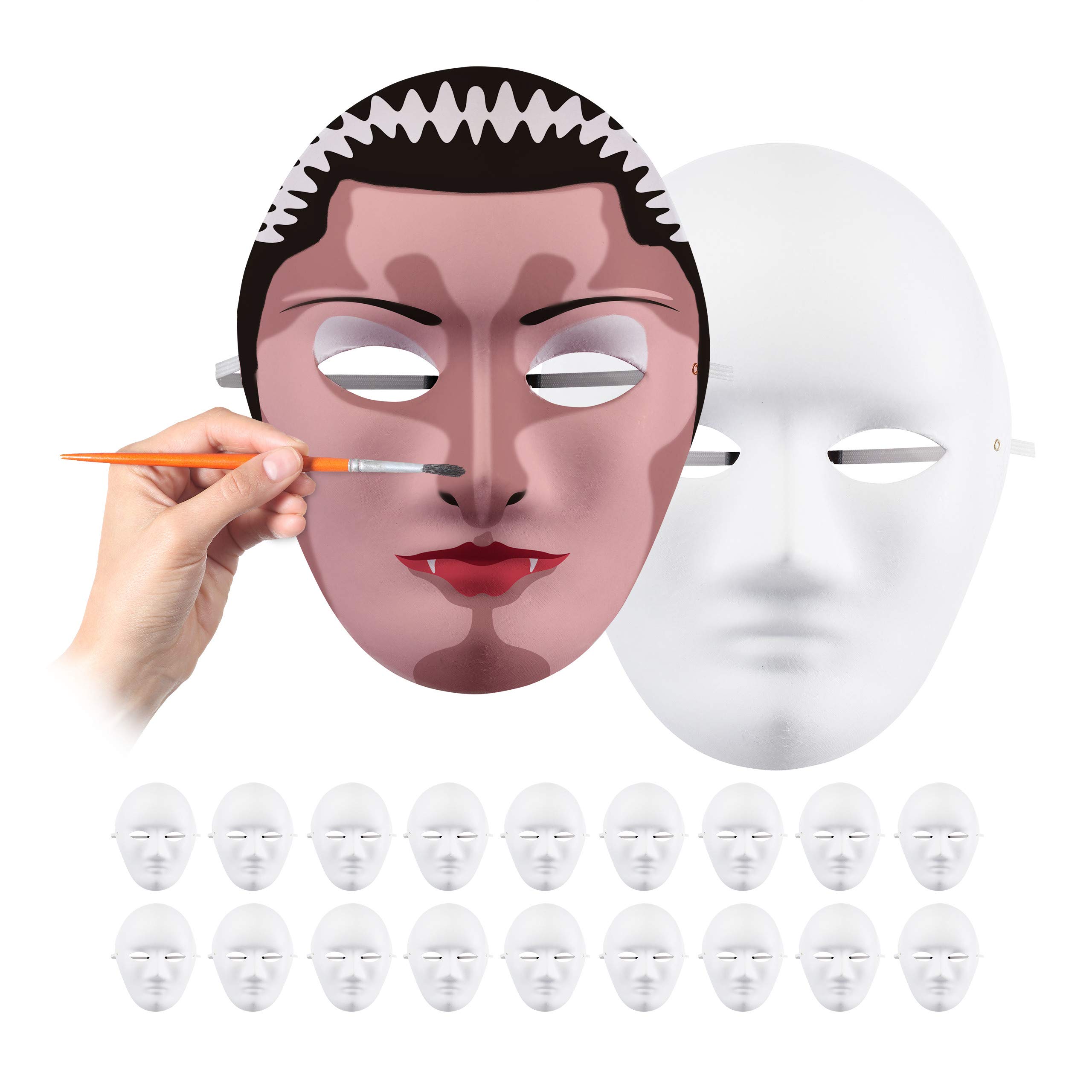 Relaxdays Set Of 20, To Paint & Decorate, Carnival, Masquerade, Paper Mache Masks, Face HWD 24x18.5x8 cm, White, Cardboard
