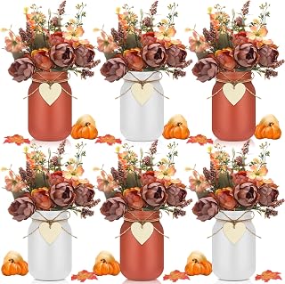 Lyrow 6 Pack Fall Mason Jar Table Centerpiece Autumn Centerpieces for Tables Orange Faux Floral Centerpiece Decorations Farmhouse Thanksgiving Mason Jar for Home Kitchen Tiered Tray Decoration