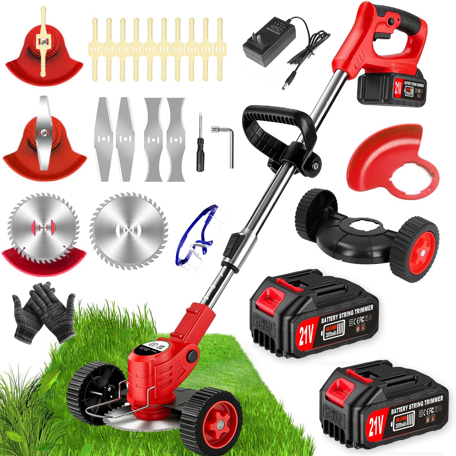 Akku-Rasentrimmer 21V Elektrischer Rasentrimmer - Motorsense akku Mit 2x2000mAh Batterie und 4 Messertypen, kantenschneider und Freischneider Akku für effiziente Rasenpflege und Unkrautbeseitigung