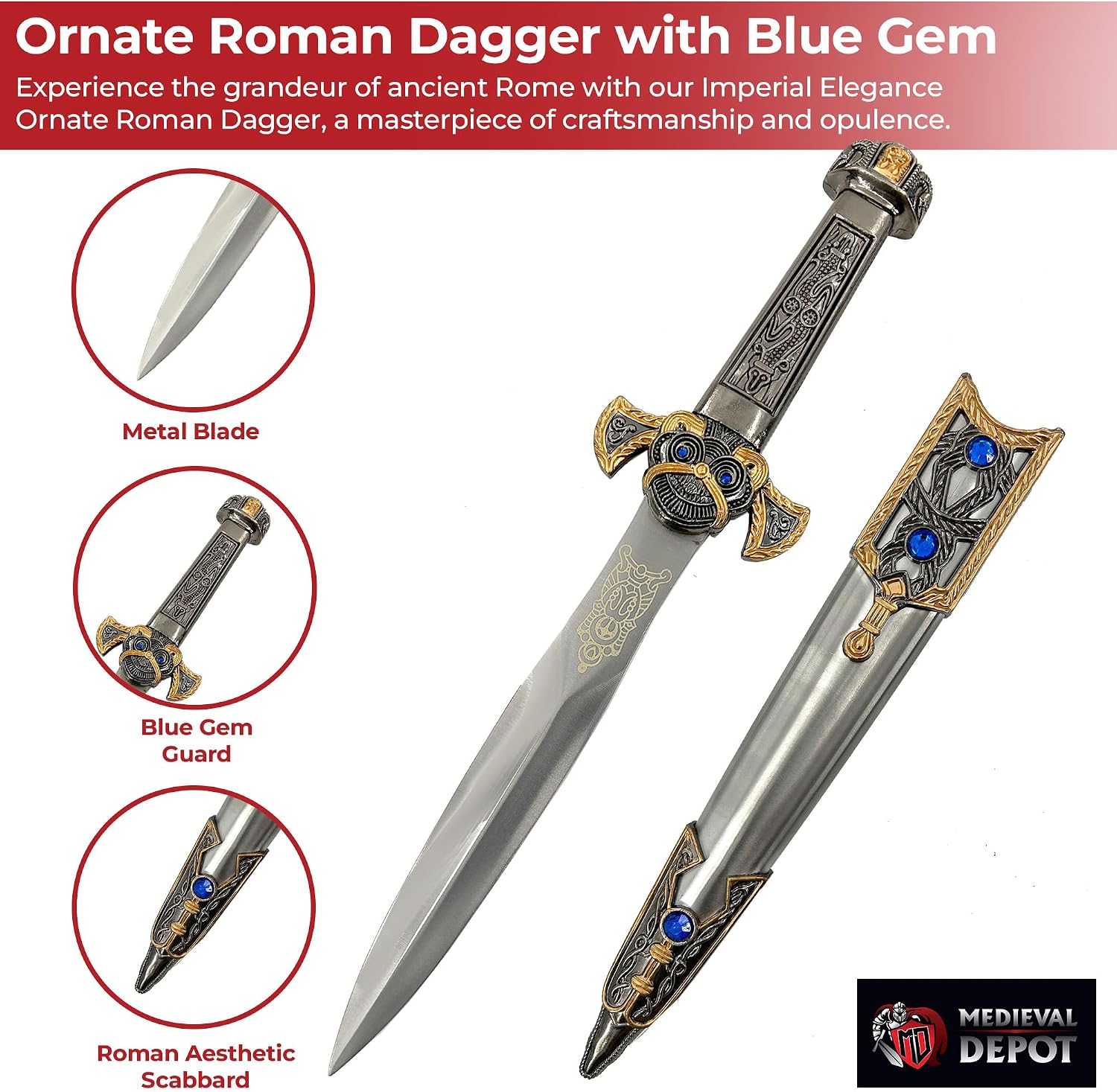 MedievalDepot Imperial Elegance Roman Dagger: Gold & Silver Ornate Steel Blade with Blue Gem Accents