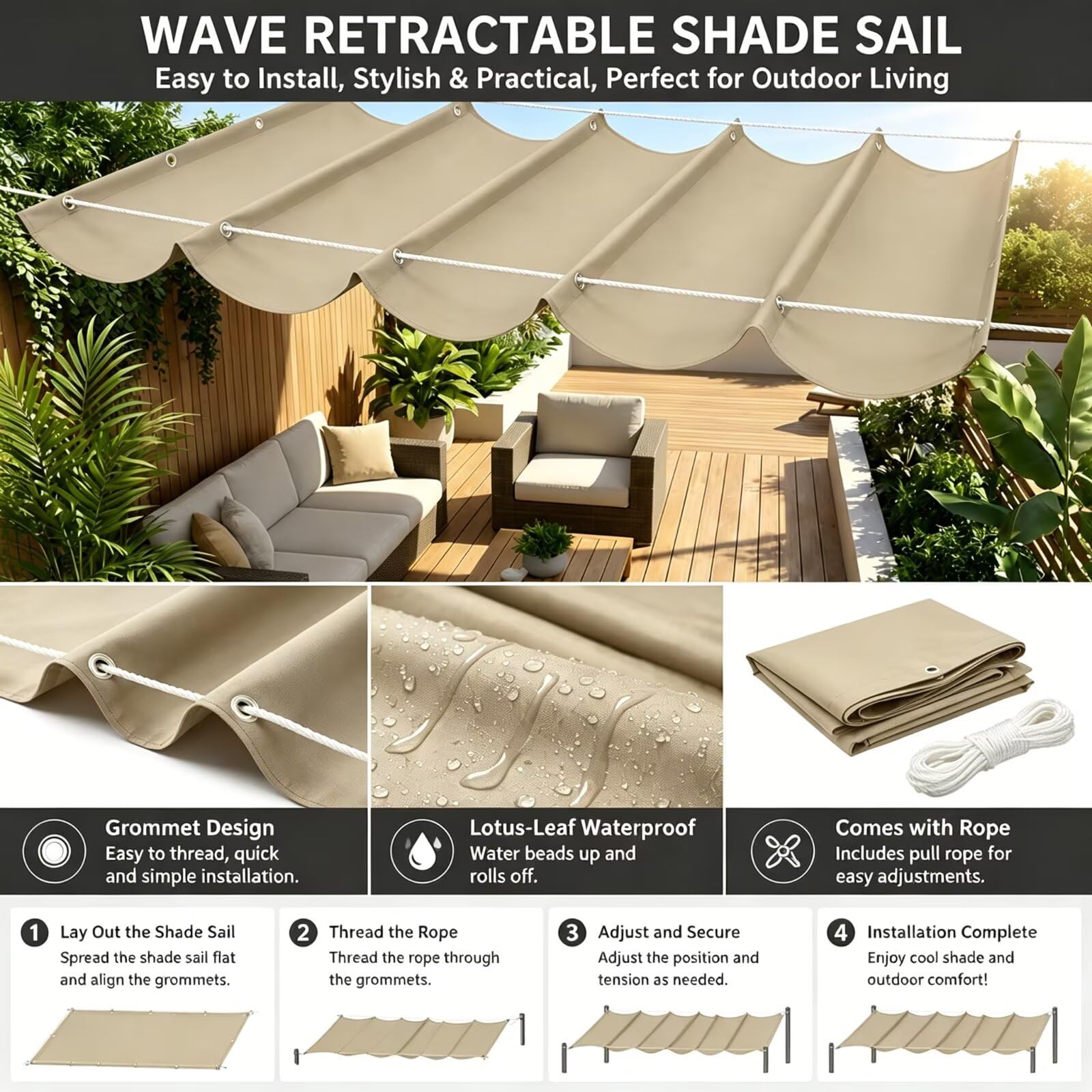 Parasol de Olas Corredizo 400x700cm, Techo Solar de Piscina Caqui | Material 230g/m² grueso: impermeable, anti-UV, escudo térmico. Cuerda de nylon flexible para un cierre suave y fácil