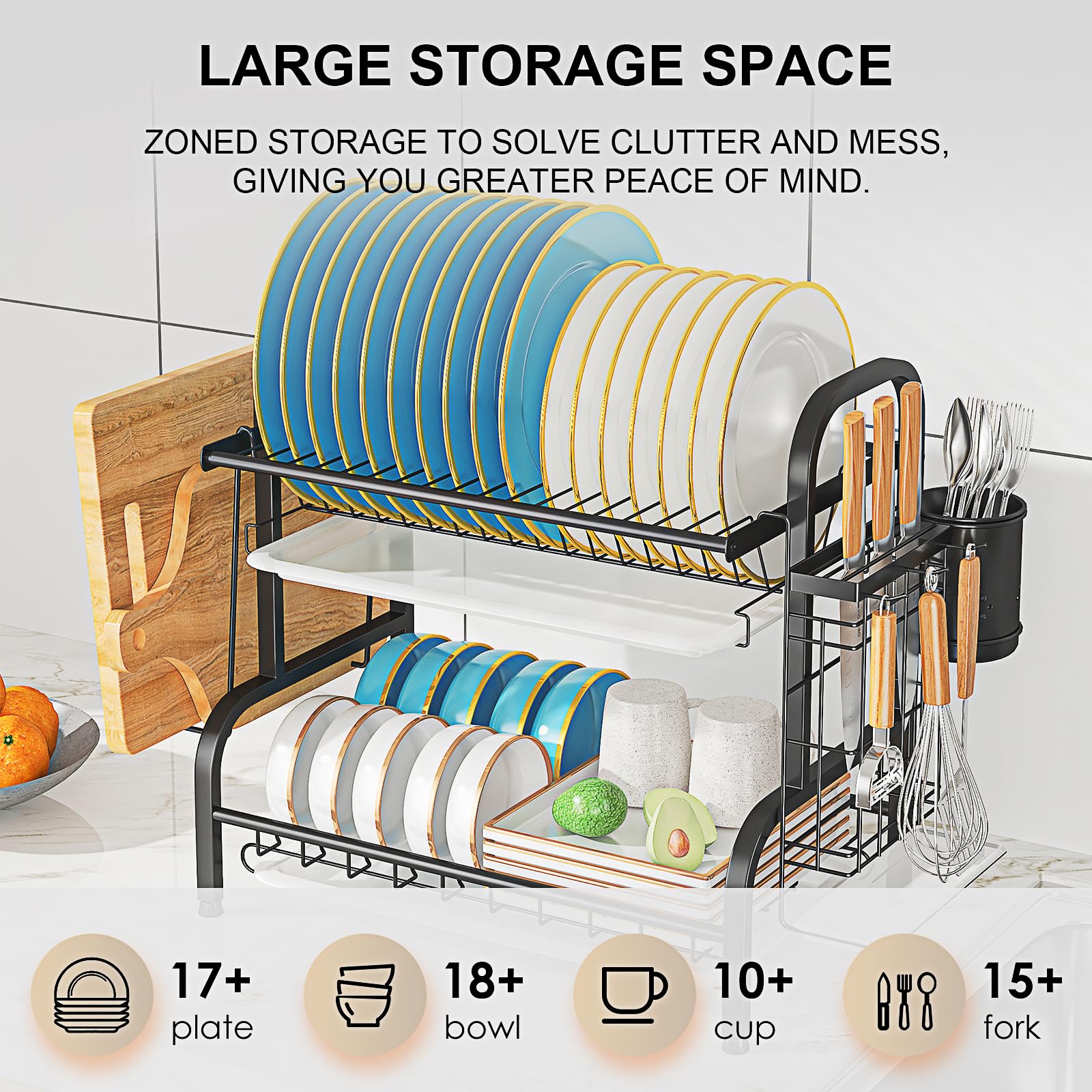 Escurridor de Platos, 2 Niveles de Acero Inoxidable para encimera de Cocina, Organizador de Platos pequeños, Ahorro de Espacio, Negro, K-A30KD1U