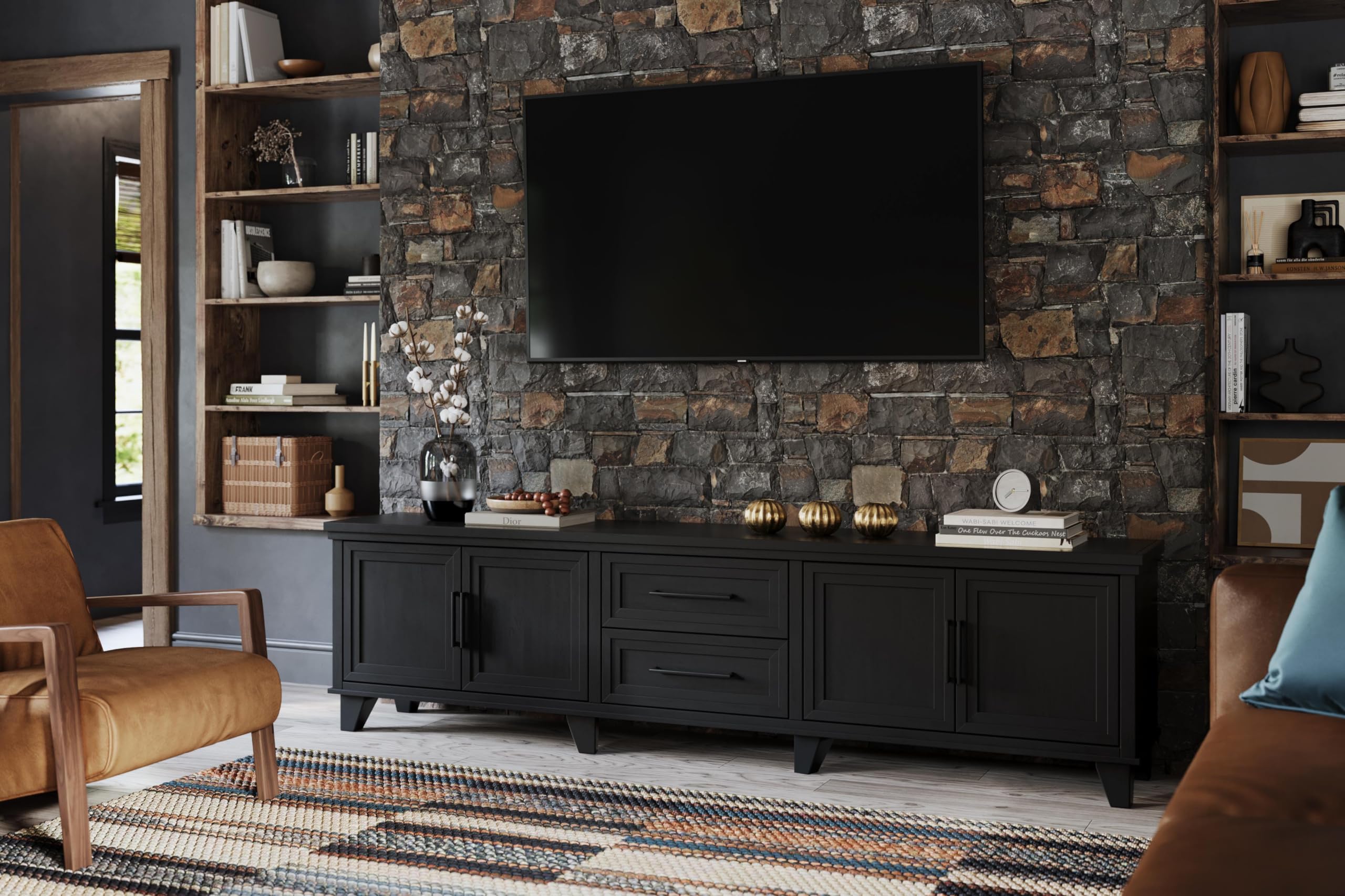 Realcozy Sonoma Transitional 97 inch TV Stand Living Room Entertainment Center, Accommodates TVs up to 105 inches, Fully Assembled, Solid Wood, Black