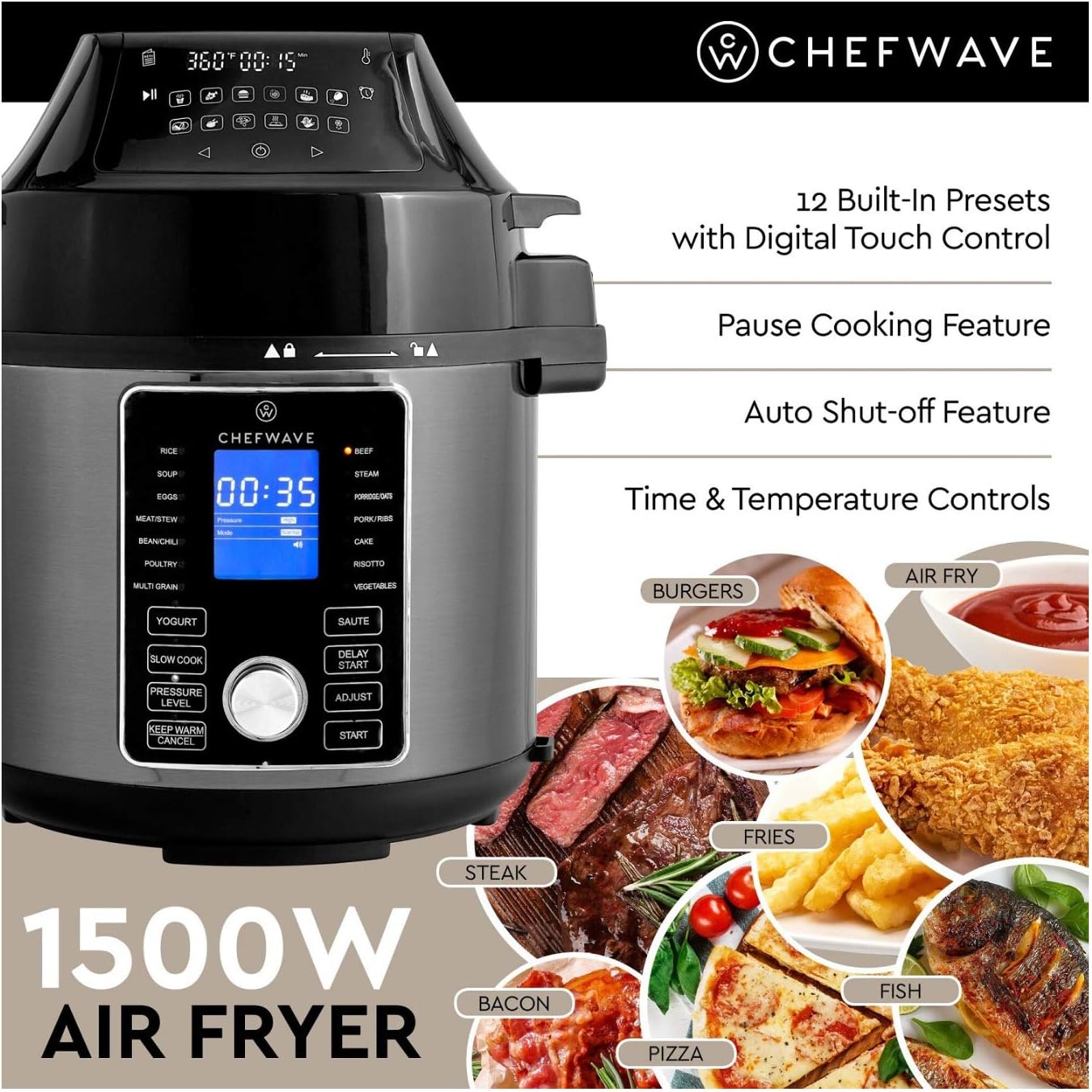 ChefWave 2-in-1 Air Fryer and Pressure Cooker – 6 Qt Multi Cooker Swap Pot with 29 Presets – Steamer, Dehydrator, Slow Cook, Saute - Digital Control Panel, LCD Touchscreen Display, Recipe Book