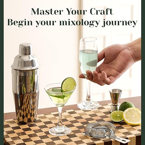 Miniatura 7 de Juego de coctelera, kit de camarero de bar de 24 piezas con soporte, coctelera de Martini, jigger, colador, cuchara mezcladora, mezclador,