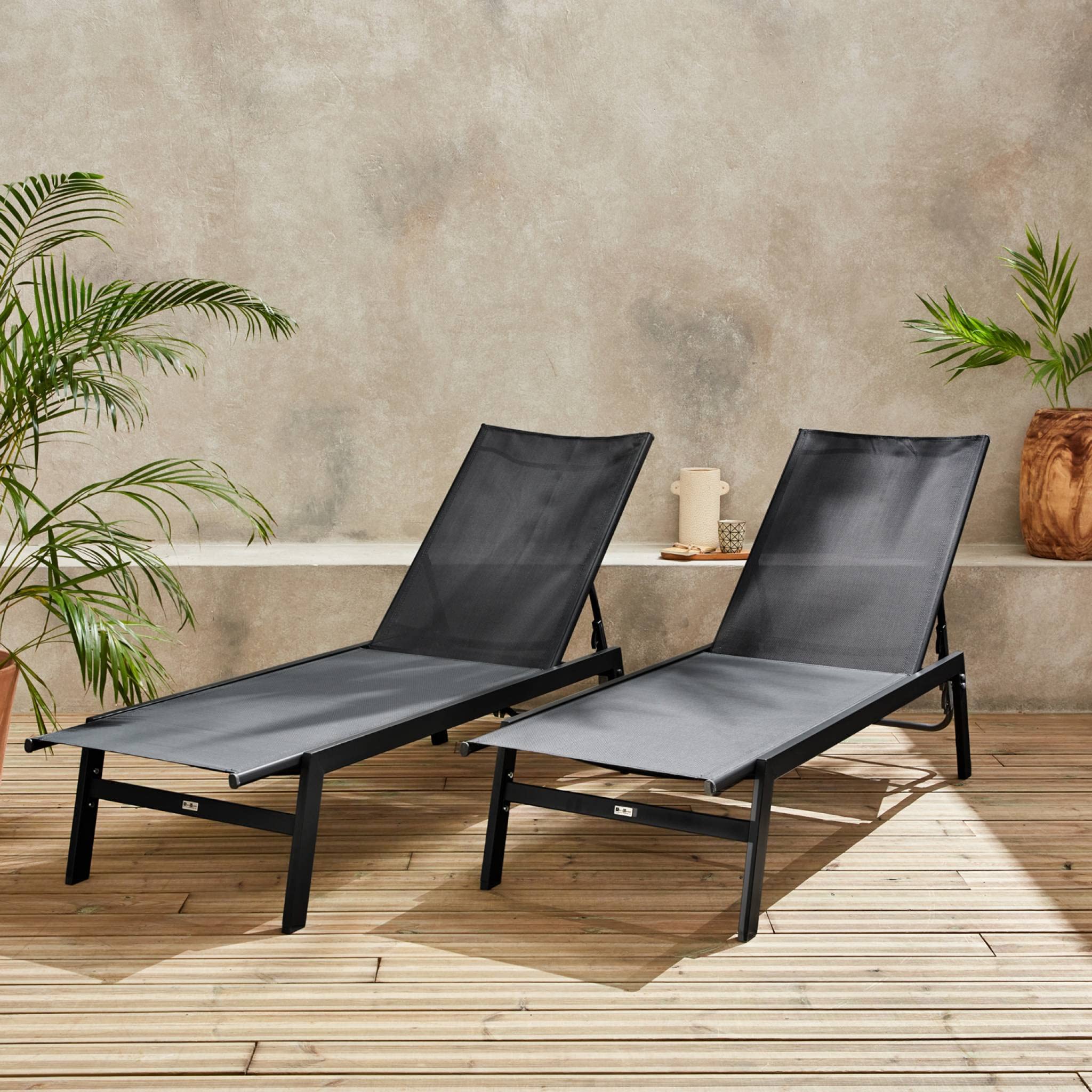 Alice's Garden sweeek - Lot de 2 transats Noir. 5 Positions. en textilène et métal. Flora. L155 x P59 x H106cm