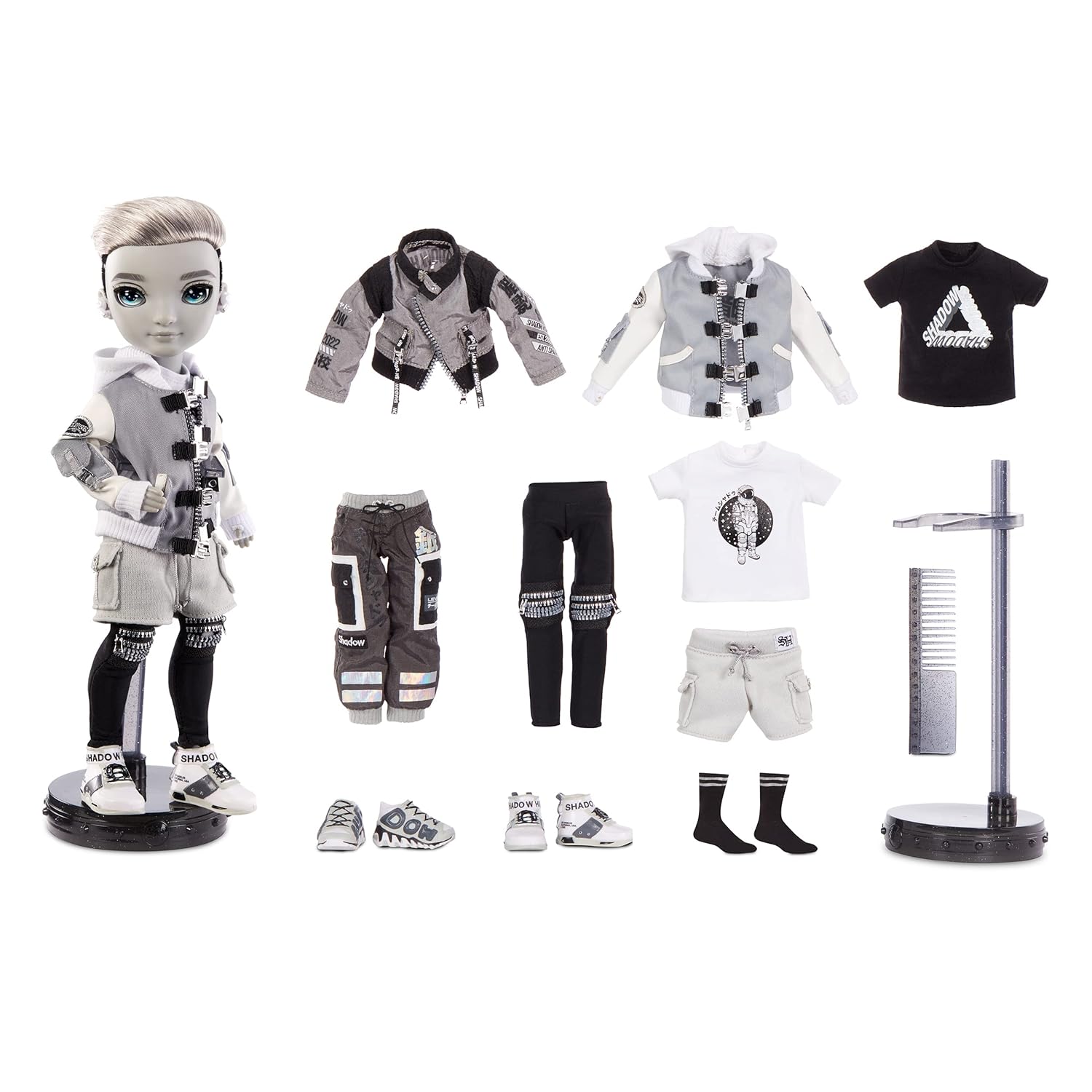 Glitter Babies Shadow High Series – ASH Silverstone – Fashion Doll in Grey Tones with Beautiful Black Hair, Two Designer Outfits and Accessories – Collectable – For Children from 6 Years