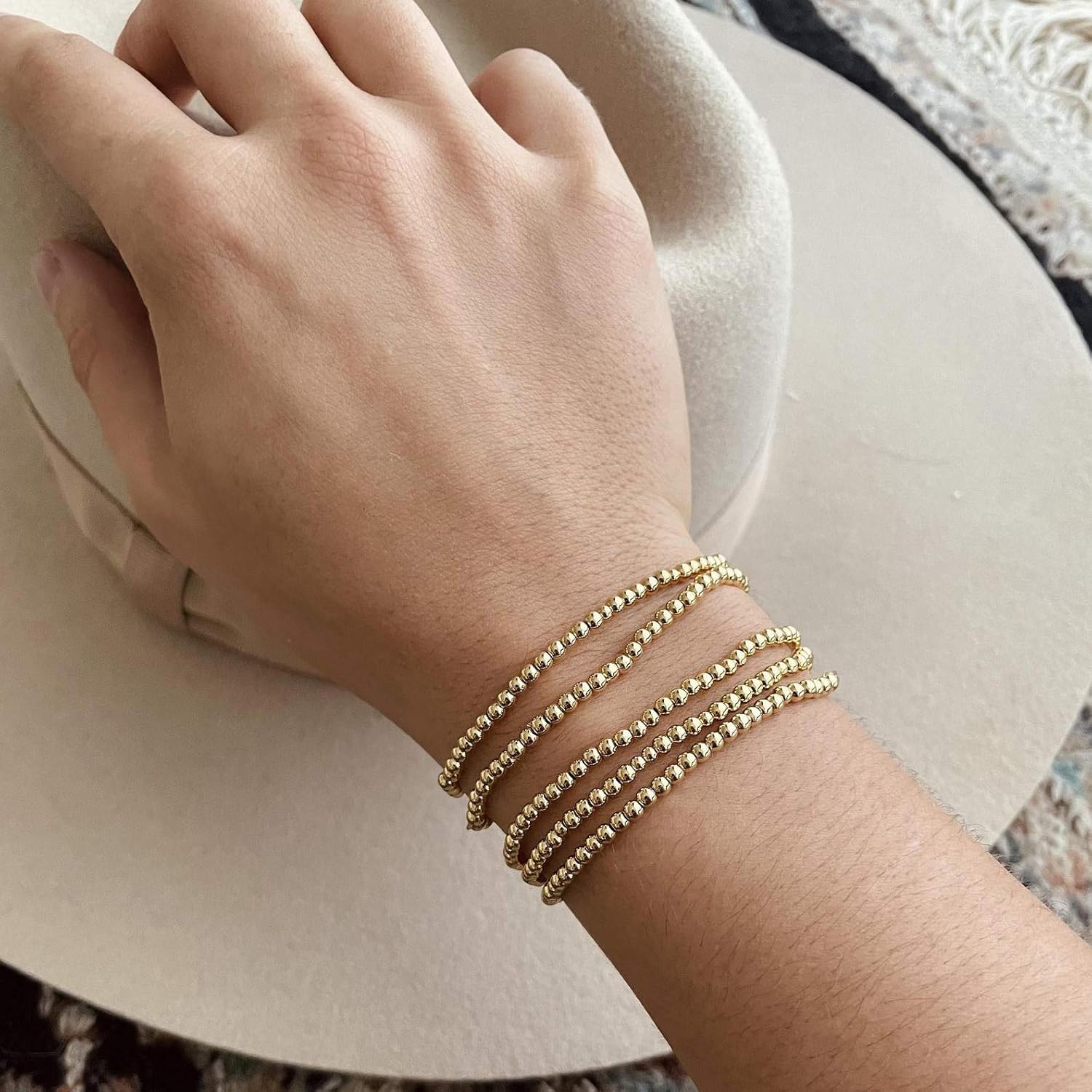 Starain Rose Gold Beaded Bracelets for Women Gold Beaded Ball Stackable Stretch Bracelet Gold Cuff Bangle Set - Image 2