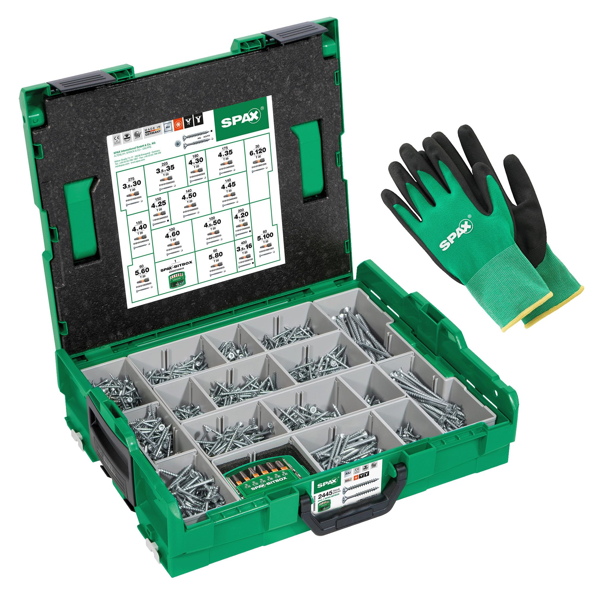 SPAX L-BOXX Maletín con 2.445 Tornillos para Madera, T-STAR plus, WIROX | Juego de 16 medidas en maleta robusta con BITBOX, guantes de trabajo y recubrimiento WIROX para uniones de madera.