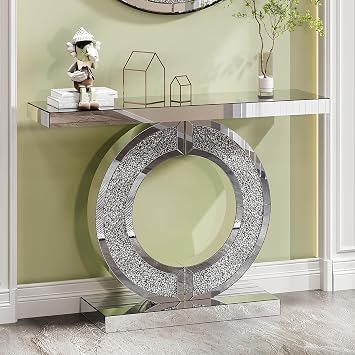 Mirrored Console Table with Crushed Diamond O-Shape Base,Silver