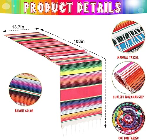 Miniatura 3 de Juego de camino de mesa mexicano 6+6 y mantel de plástico, mantel de fiesta y camino de mesa de serape, decoración de fiesta, blanco, rojo, verde,