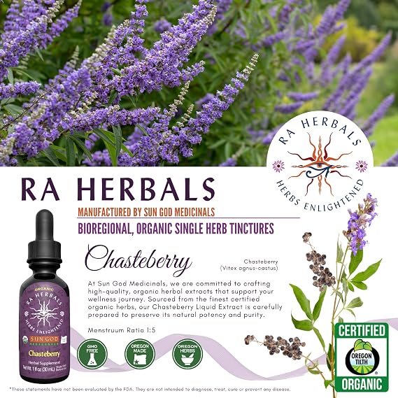 Ra Herbals Organic Chasteberry Extract | Vitex Agnus-Castus Herbal Tincture | Female Hormonal Balance & Menstrual Support | USDA Organic, Vegan, Liquid Drops | 1 fl oz