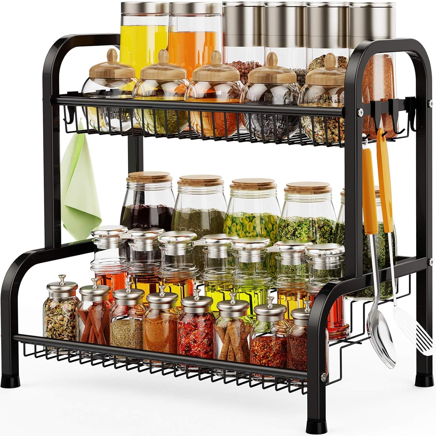 YFXHOAR 4-Tier Kitchen Countertop Spice Rack Organizer With 8 Hooks Removable Wall-Mounted Kitchen Spice Rack (42 X 25 X 41 Cm - Black Color)